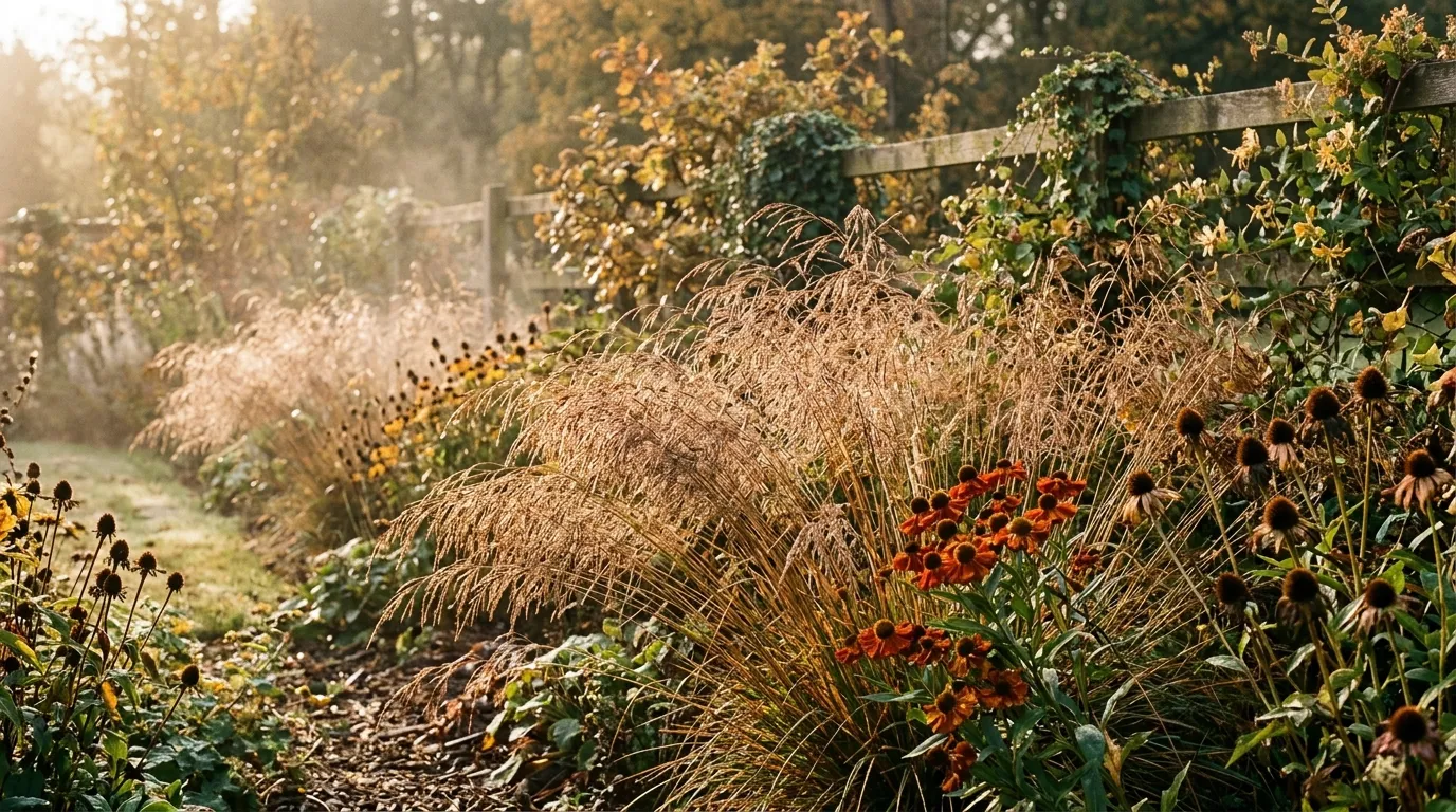 Deschampsia Bronzeschleier in late September with copper coloured flowering panicles in low autumn sun