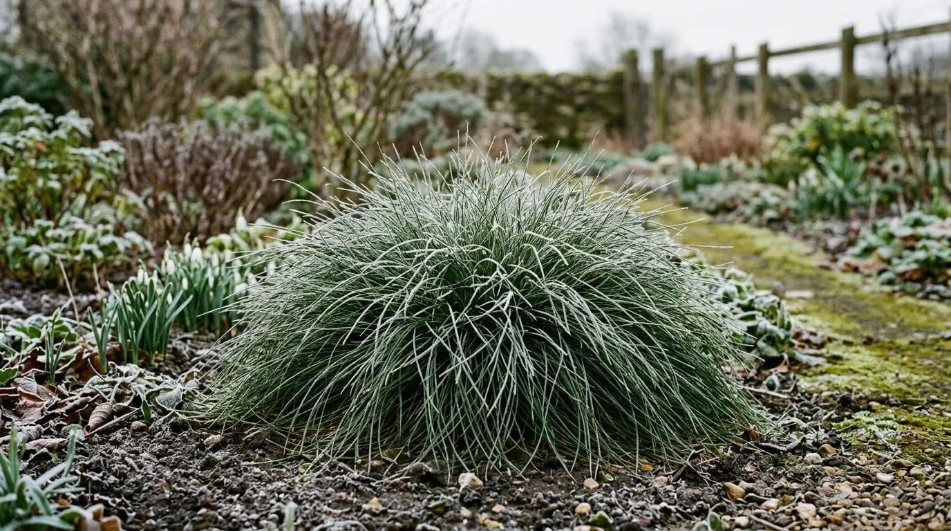 Tufted hair grass forming a low evergreen mound on damp clay in a UK country garden in spring
