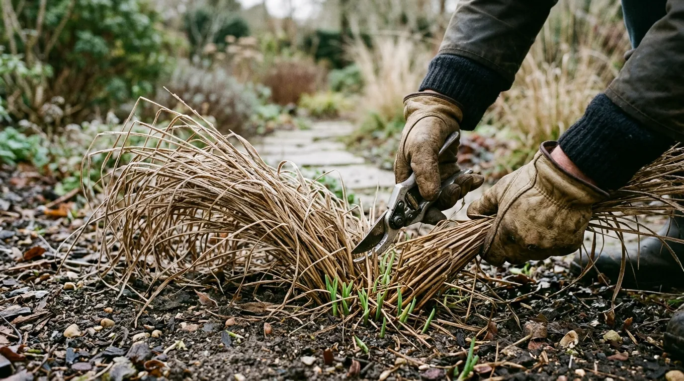Gardener cutting back Deschampsia tufted hair grass to 8cm in late February with shears in a UK garden