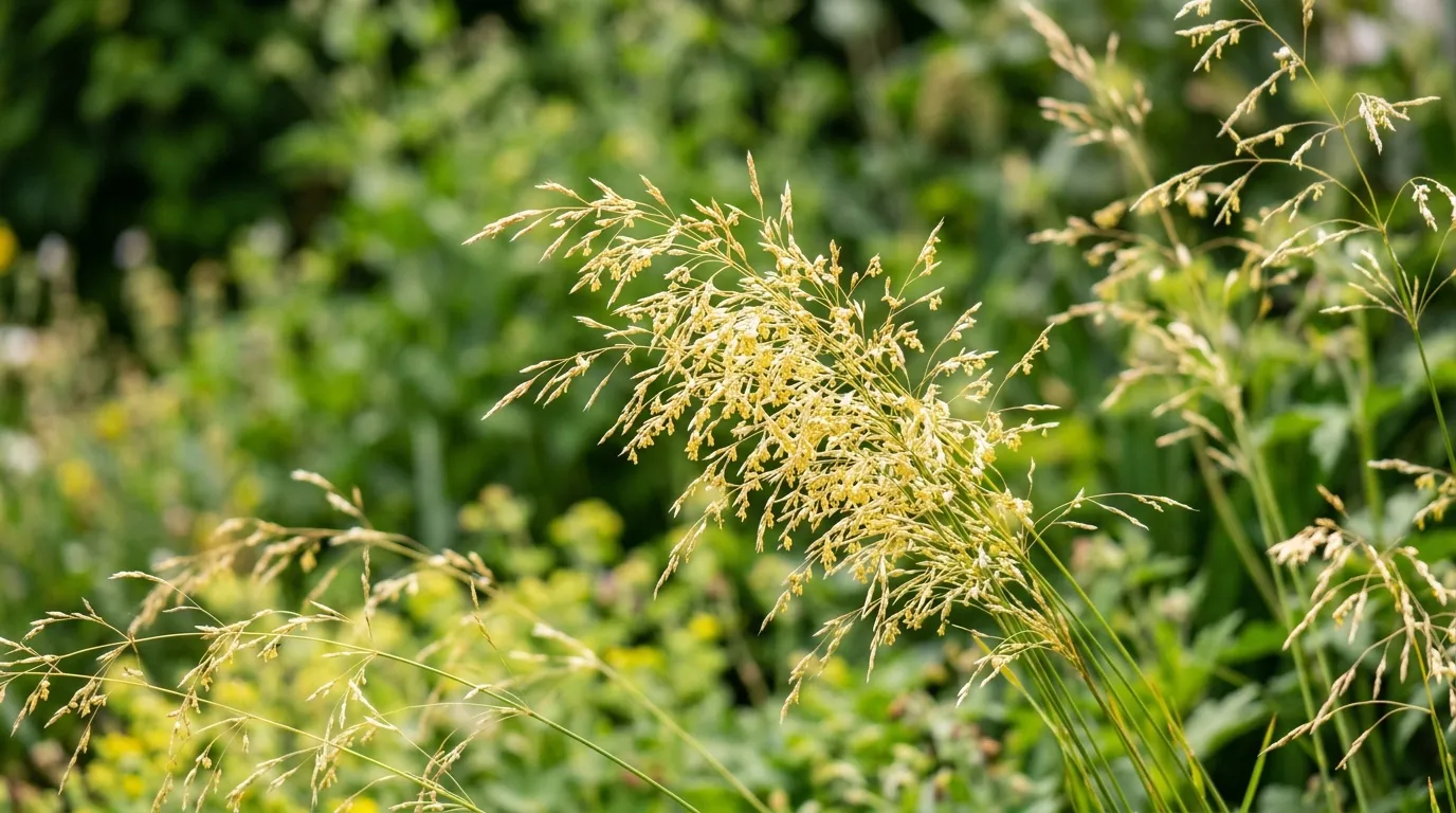 Close up of Deschampsia Goldtau flowering panicle showing golden spikelets in early July sunlight