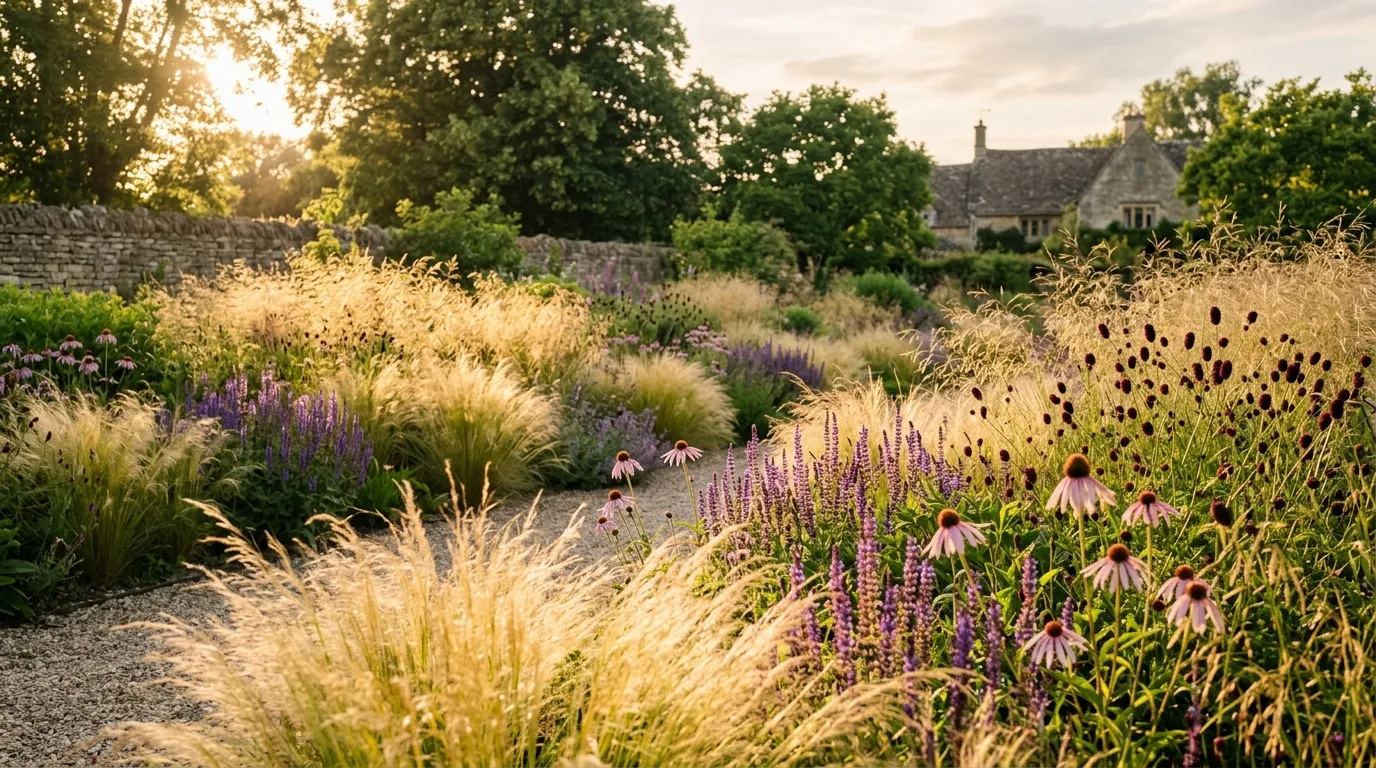 Deschampsia Goldtau used as matrix grass between Salvia, Echinacea, and Sanguisorba in a UK prairie border