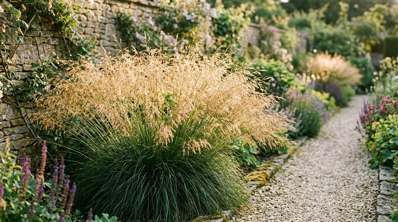 Deschampsia cespitosa Goldtau tufted hair grass flowering in golden evening light in a UK country garden border
