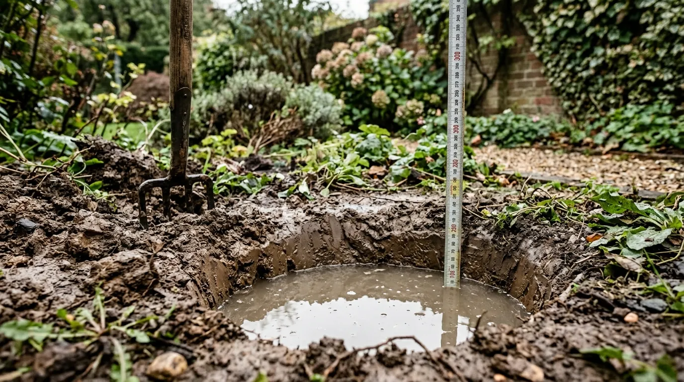 Soil drainage test being performed in a UK garden with water in a test hole