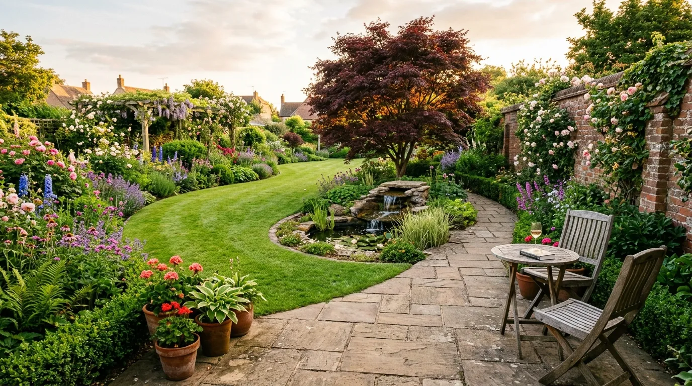 Newly designed garden with stone patio raised beds and mixed planting in a UK back garden