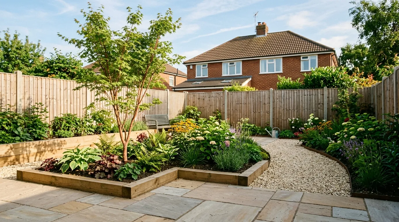 Newly built garden with Indian sandstone patio, timber raised beds, and fresh planting in a UK suburban plot