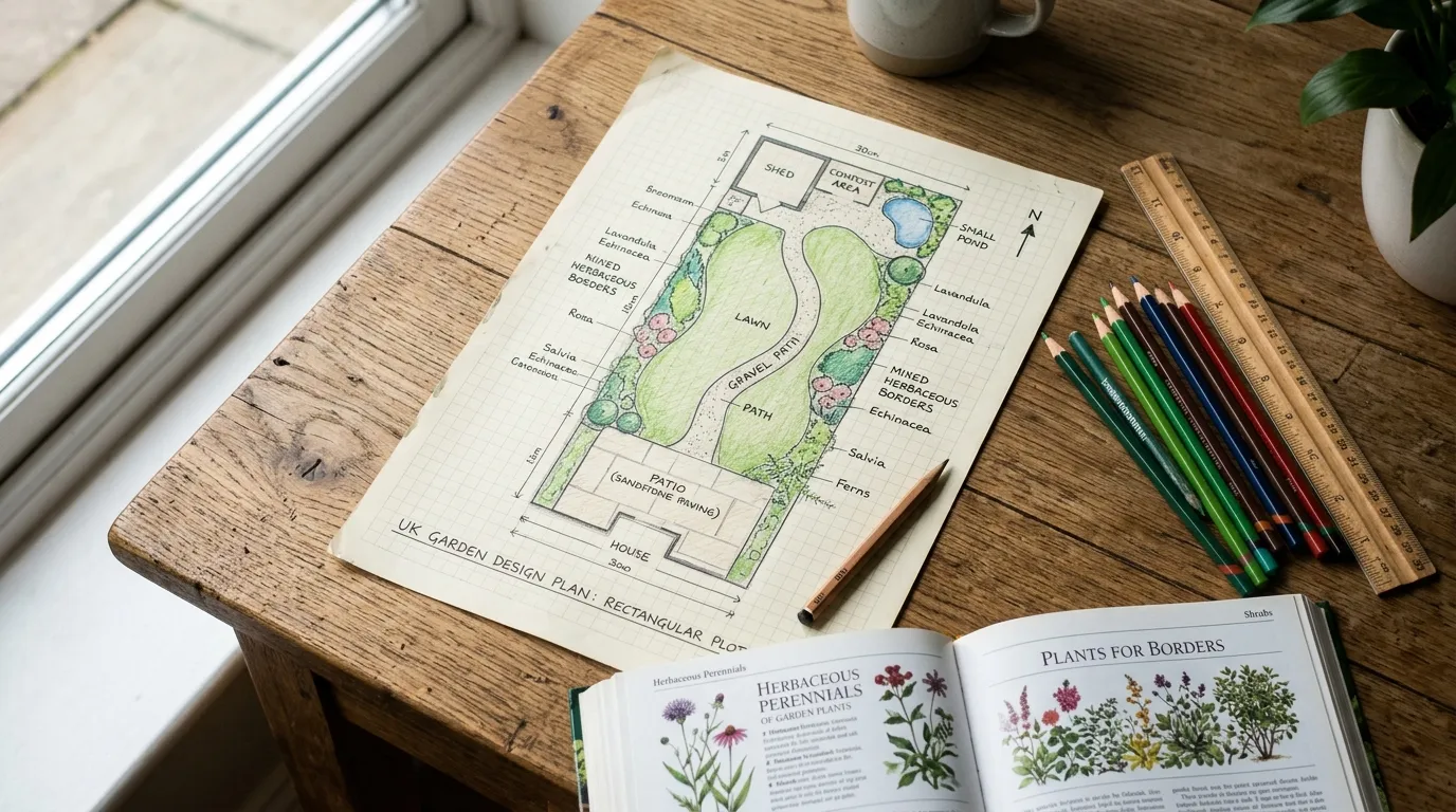 Garden plan drawn on graph paper with measurements and sun mapping annotations