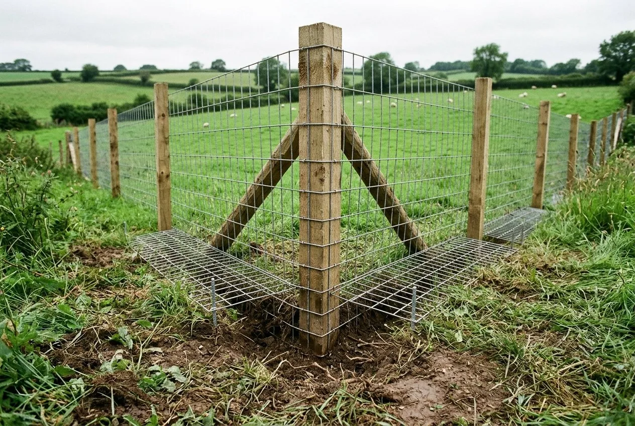 A sturdy timber and weldmesh garden boundary fence along a rural UK garden edge, built low and solid to keep badgers from pushing underneath