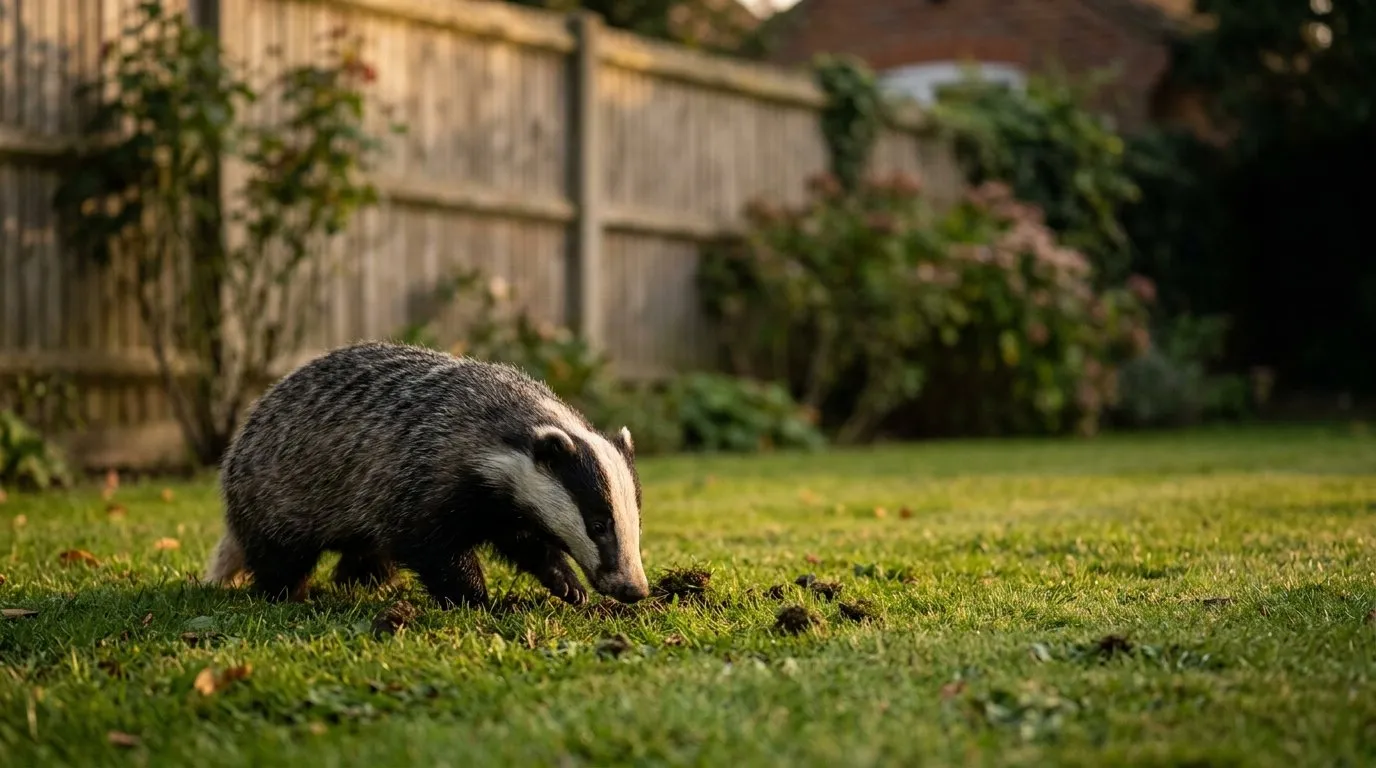 A wild European badger foraging on a suburban UK lawn at dusk, photographed in low golden light with the garden boundary fence behind
