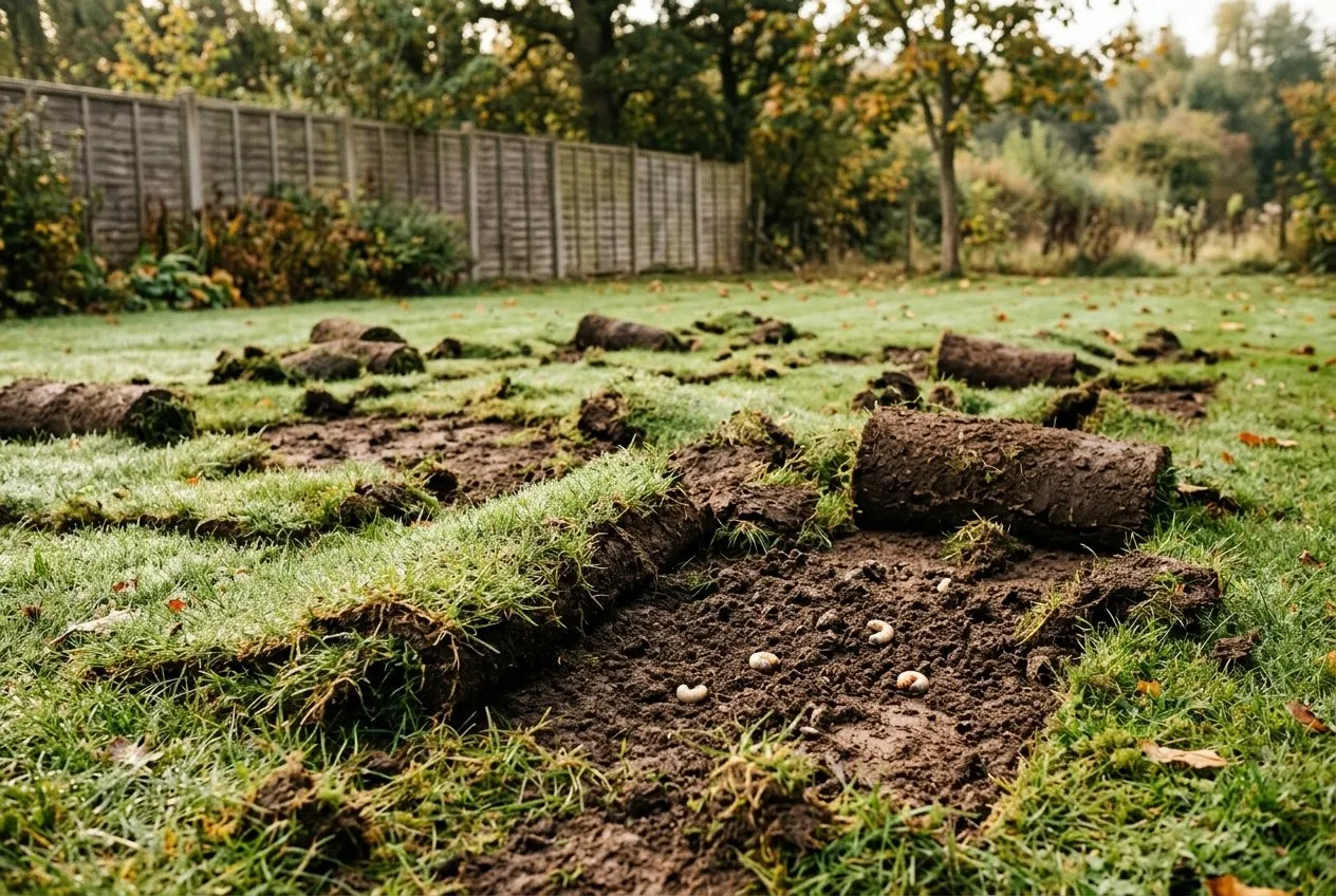 A UK lawn rolled back in strips by a foraging badger overnight, exposing bare soil and the white chafer grubs the badger was hunting underneath