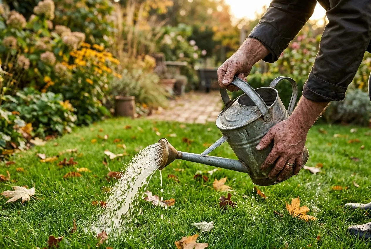 A gardener applying nematodes to a UK lawn with a watering can fitted with a coarse rose, treating for chafer grubs in early autumn