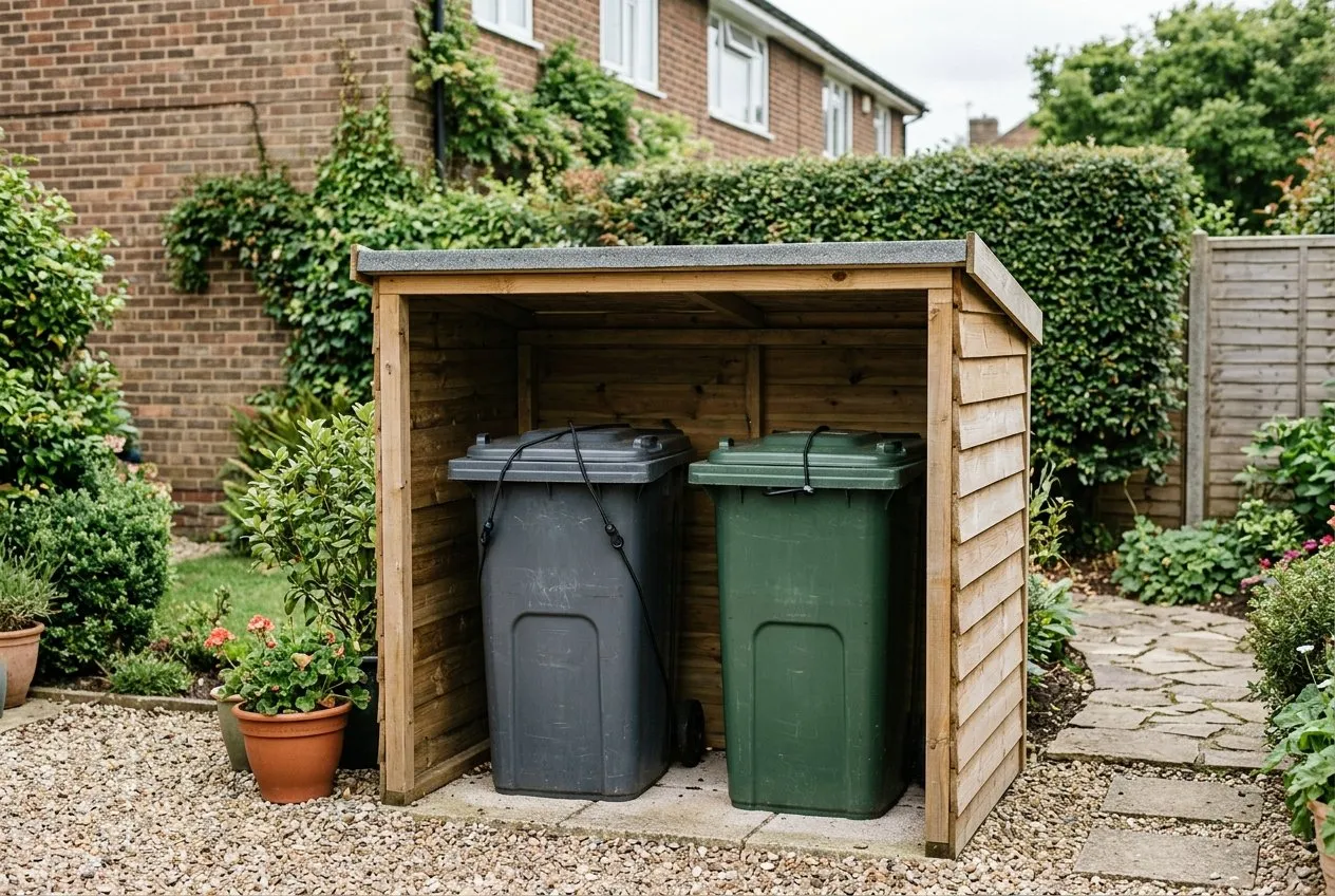 A row of wheelie bins behind a closed timber bin store in a suburban UK garden, with lids strapped down to stop badgers raiding food waste overnight