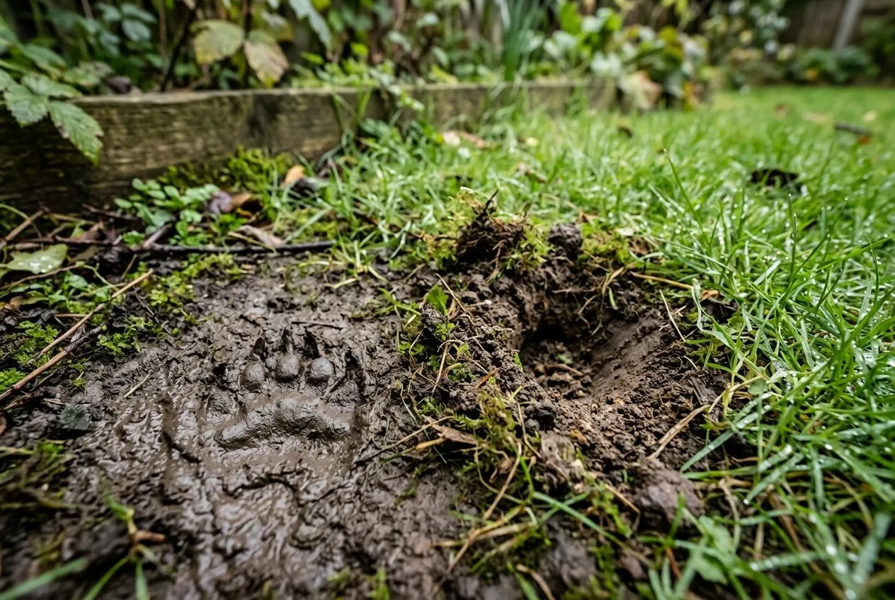 A close-up of a badger snuffle hole in a UK lawn beside a clear five-toed badger print pressed into soft mud after rain