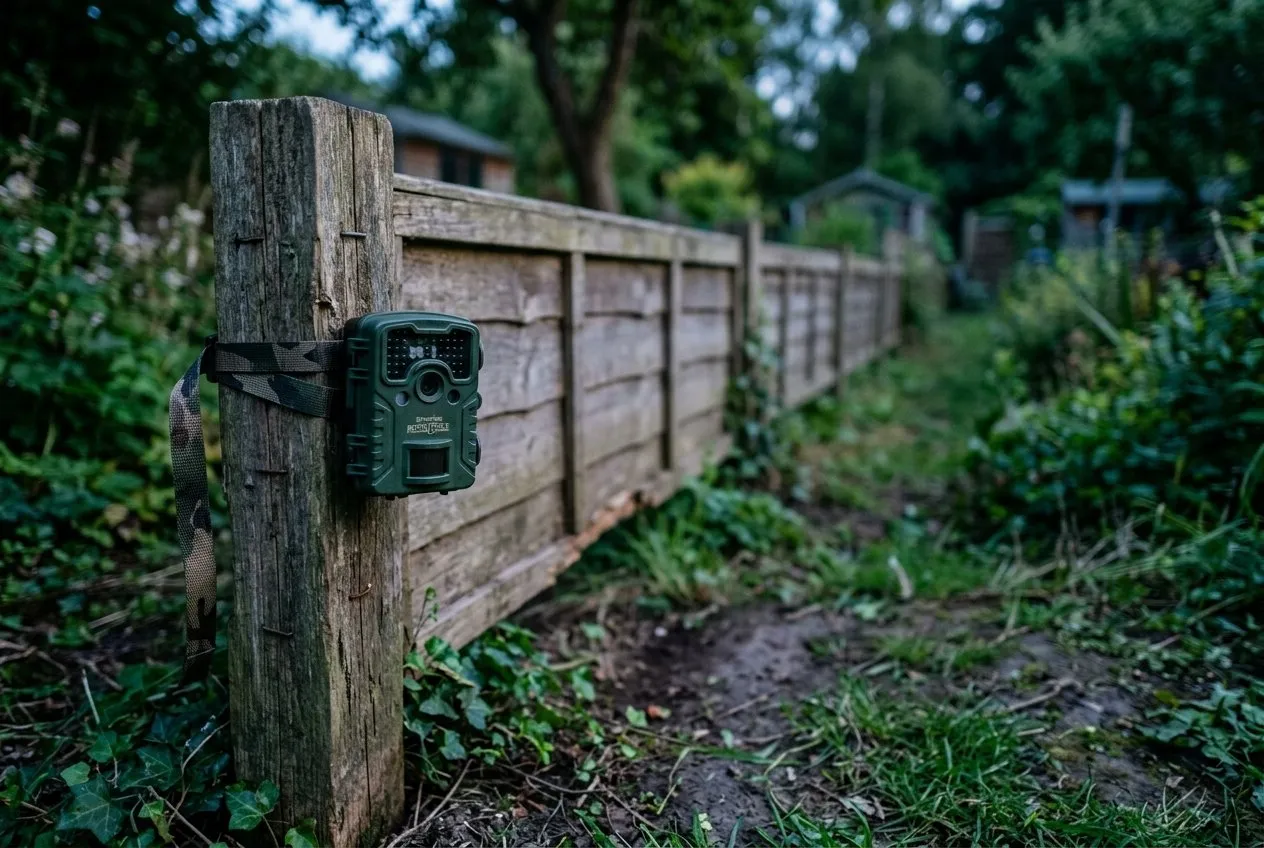 A wildlife camera mounted on a wooden fence post overlooking a UK garden boundary at dusk, used to log badger movements before any fencing work