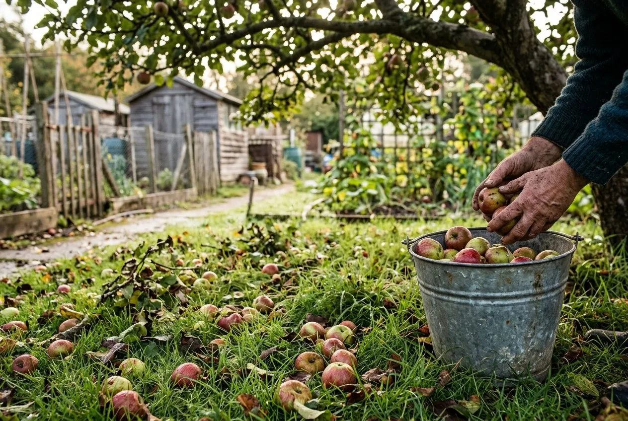 A clear-up of windfall apples under a UK fruit tree, collected into a bucket to remove an easy autumn food source that draws badgers in