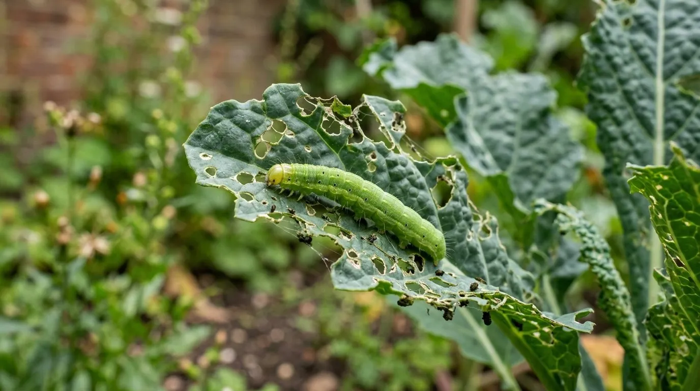 Close-up showing diamondback moth identification control on UK garden plant for identification