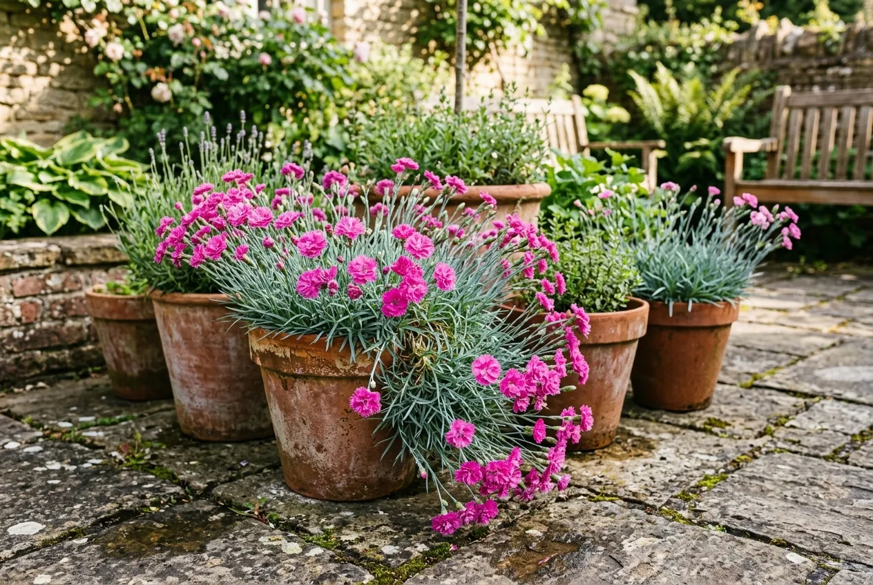Dianthus growing in terracotta pots on a UK patio with silver foliage and pink flowers