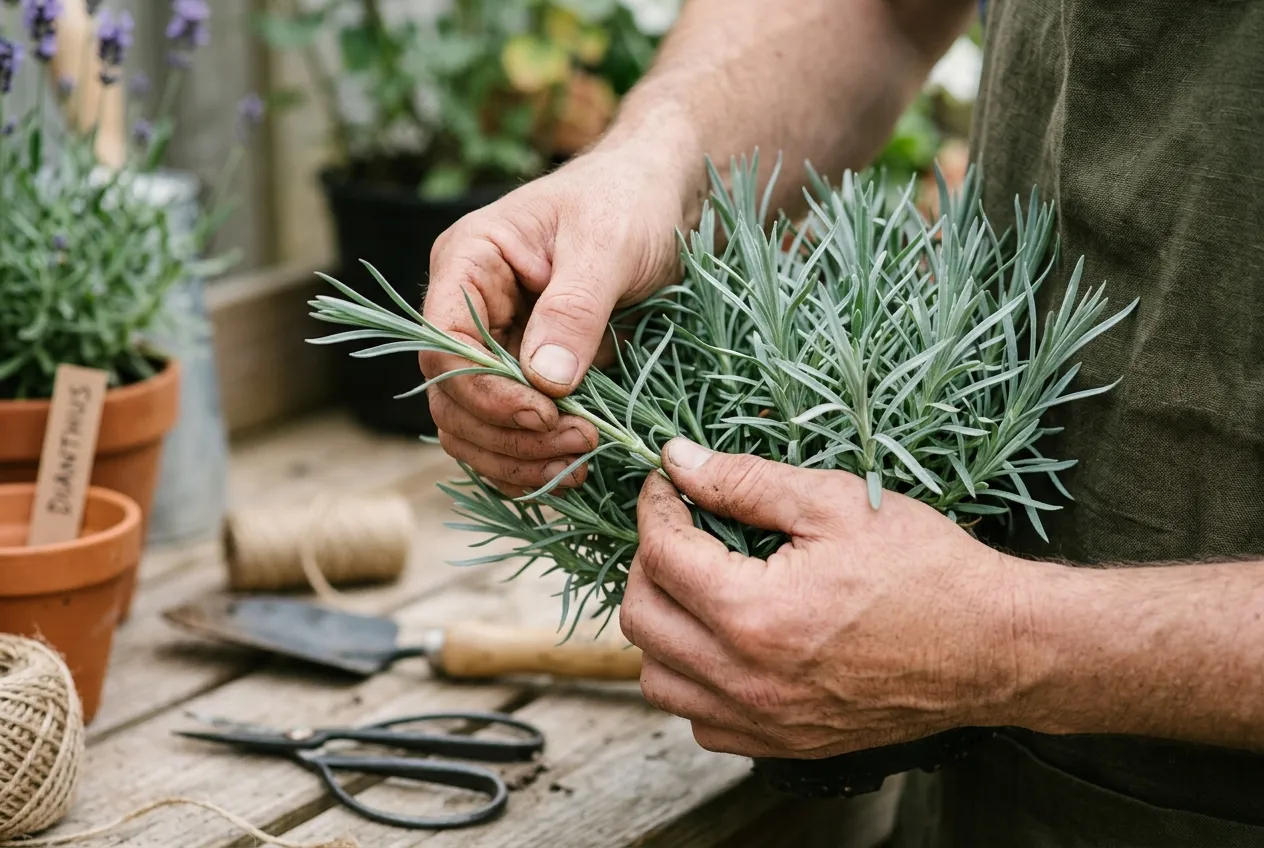 Taking pipings from a dianthus plant, pulling a non-flowering shoot from a node