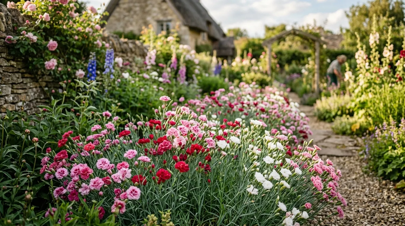 Dianthus and garden pinks in full bloom with pink, red and white fringed flowers in a UK cottage garden border