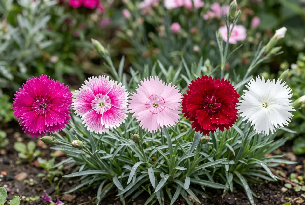 Different dianthus varieties showing colour and petal form differences from fringed singles to dense doubles