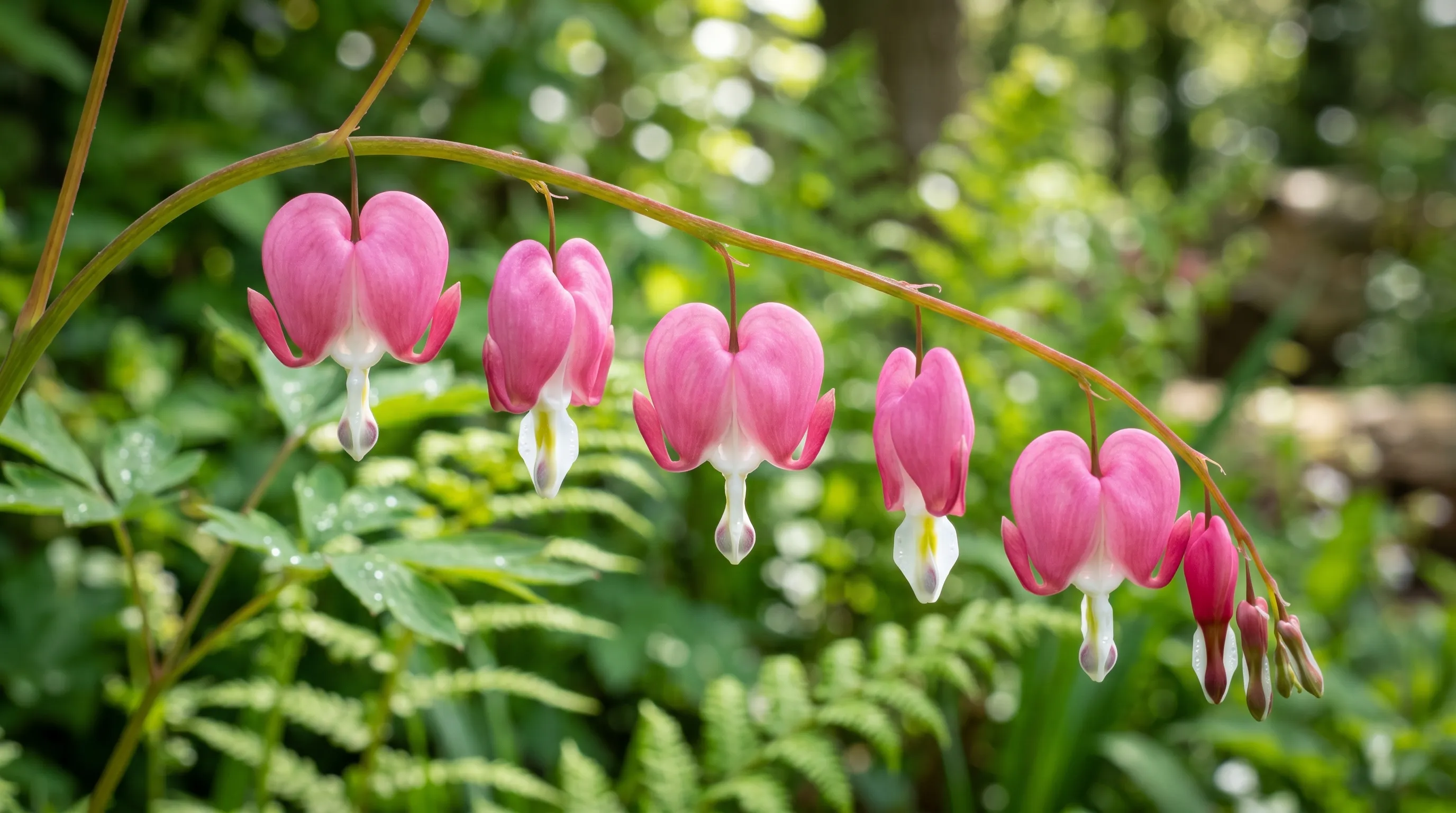 Close-up of pink and white heart-shaped bleeding heart lockets hanging from an arching stem in dappled spring light