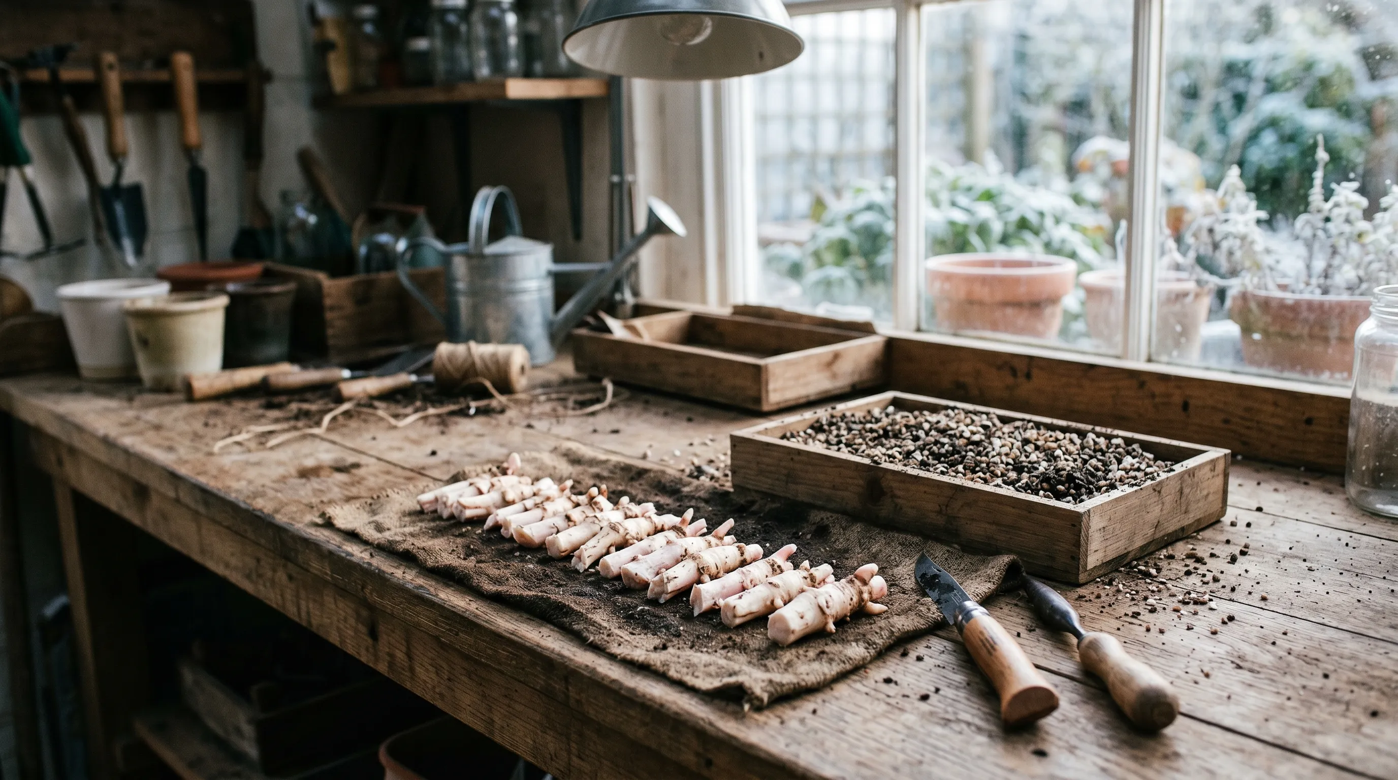 Bleeding heart roots being cut into sections on a potting bench for root cuttings, with a tray of gritty compost ready alongside