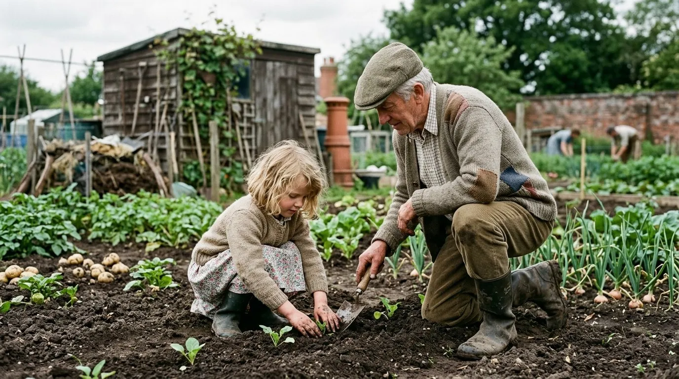 UK gardener working on dig for victory wartime allotment lessons in a real garden setting