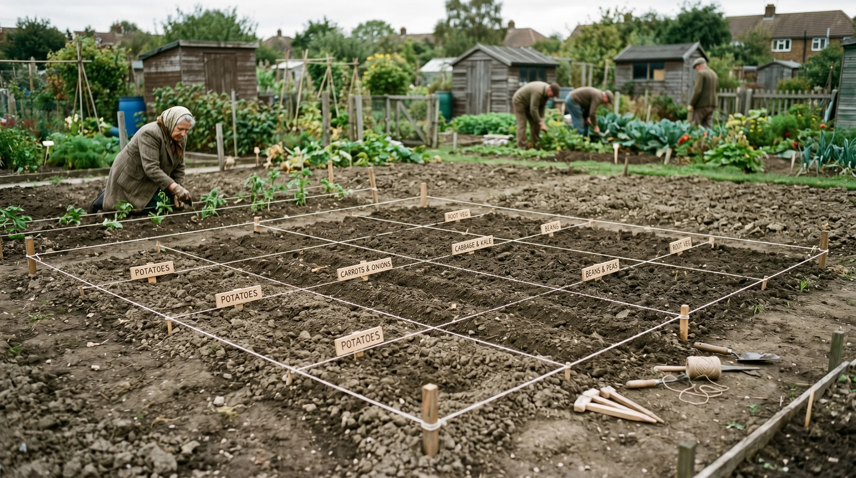 UK allotment plot 100 square feet measured marked out with strings showing Dig for Victory wartime planting ratio per person