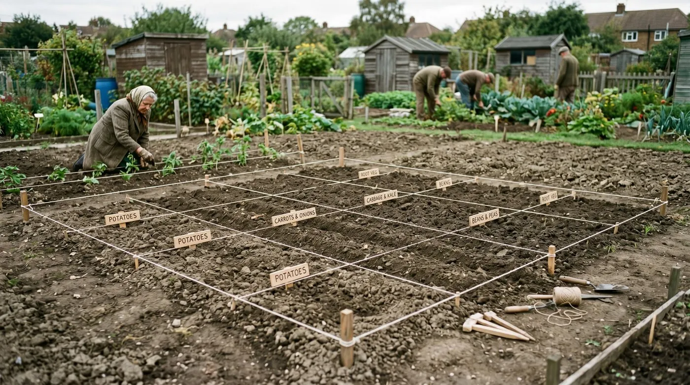 UK allotment plot 100 square feet measured marked out with strings showing Dig for Victory wartime planting ratio per person