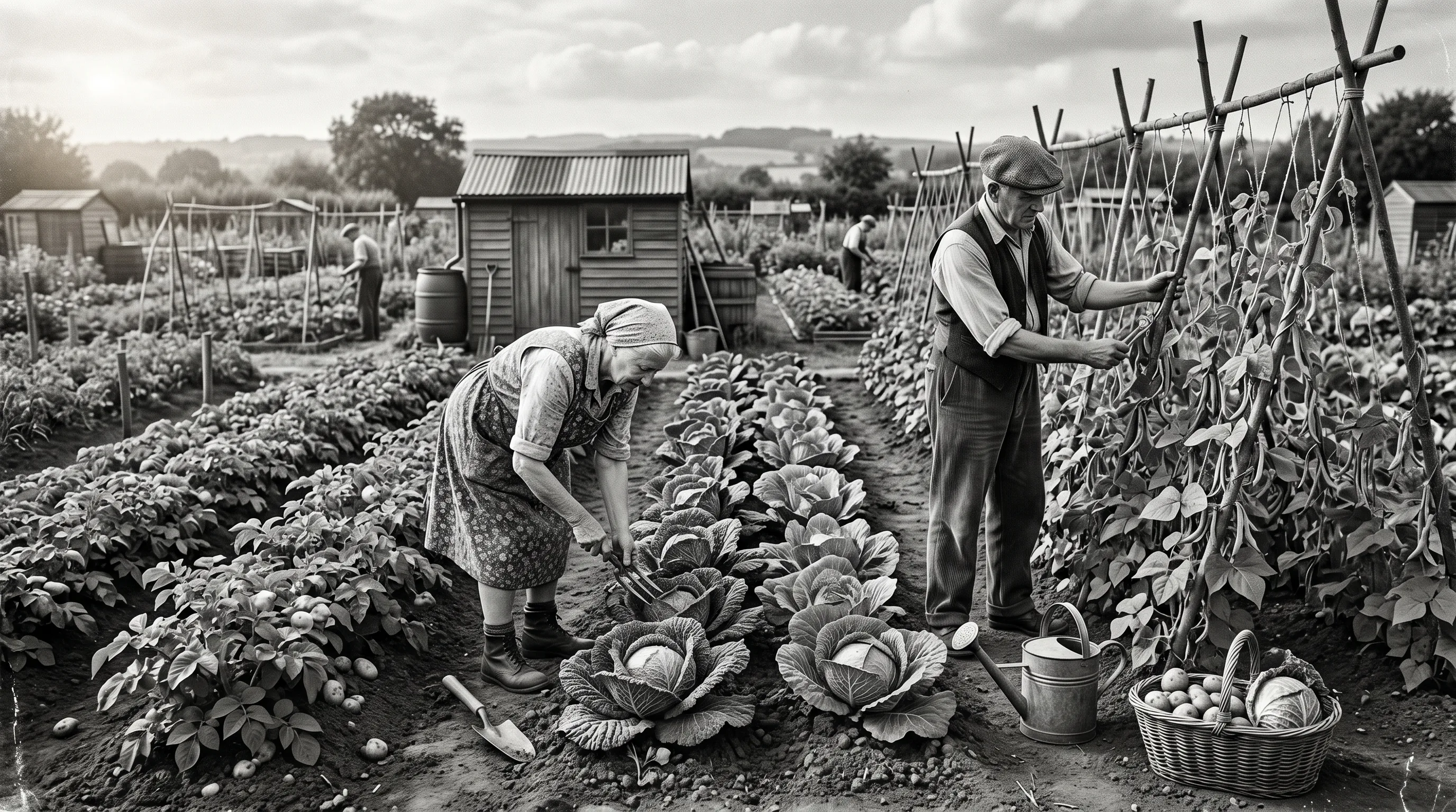 1940s style UK Dig for Victory allotment plot showing rows of cabbages potatoes and runner beans with wooden tools in late summer