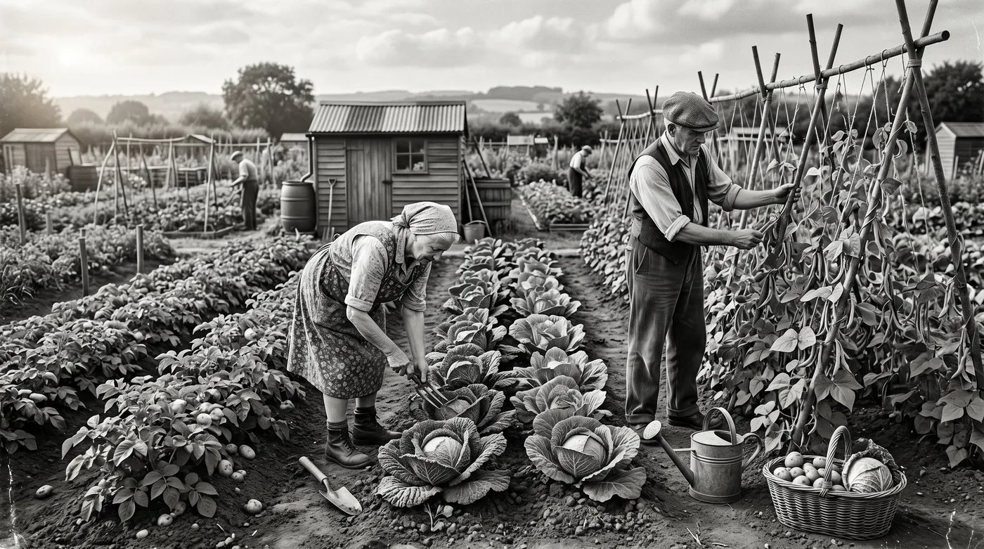 1940s style UK Dig for Victory allotment plot showing rows of cabbages potatoes and runner beans with wooden tools in late summer