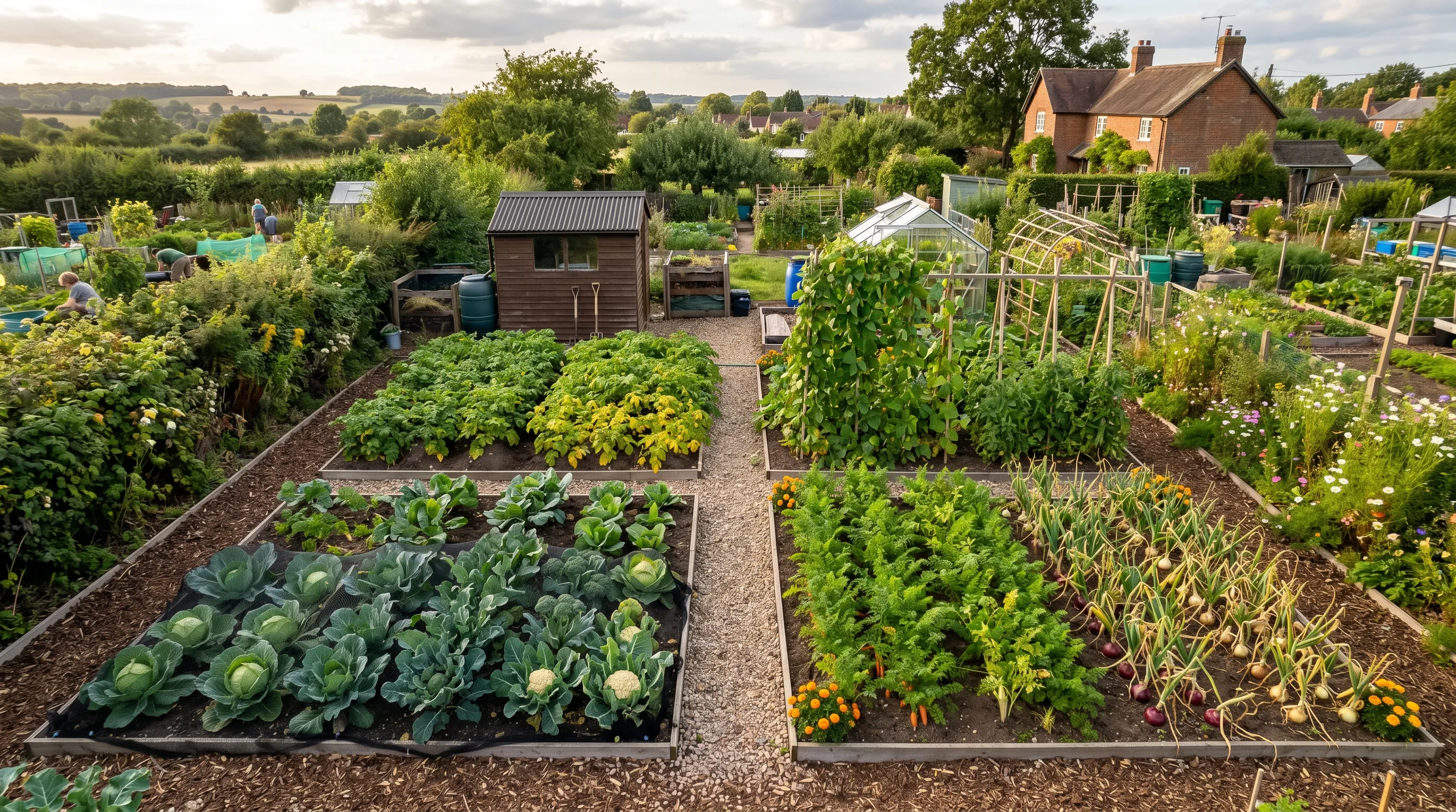 Modern Dig for Victory style UK allotment plot showing 4 bed rotation potatoes brassicas legumes roots and onions late summer