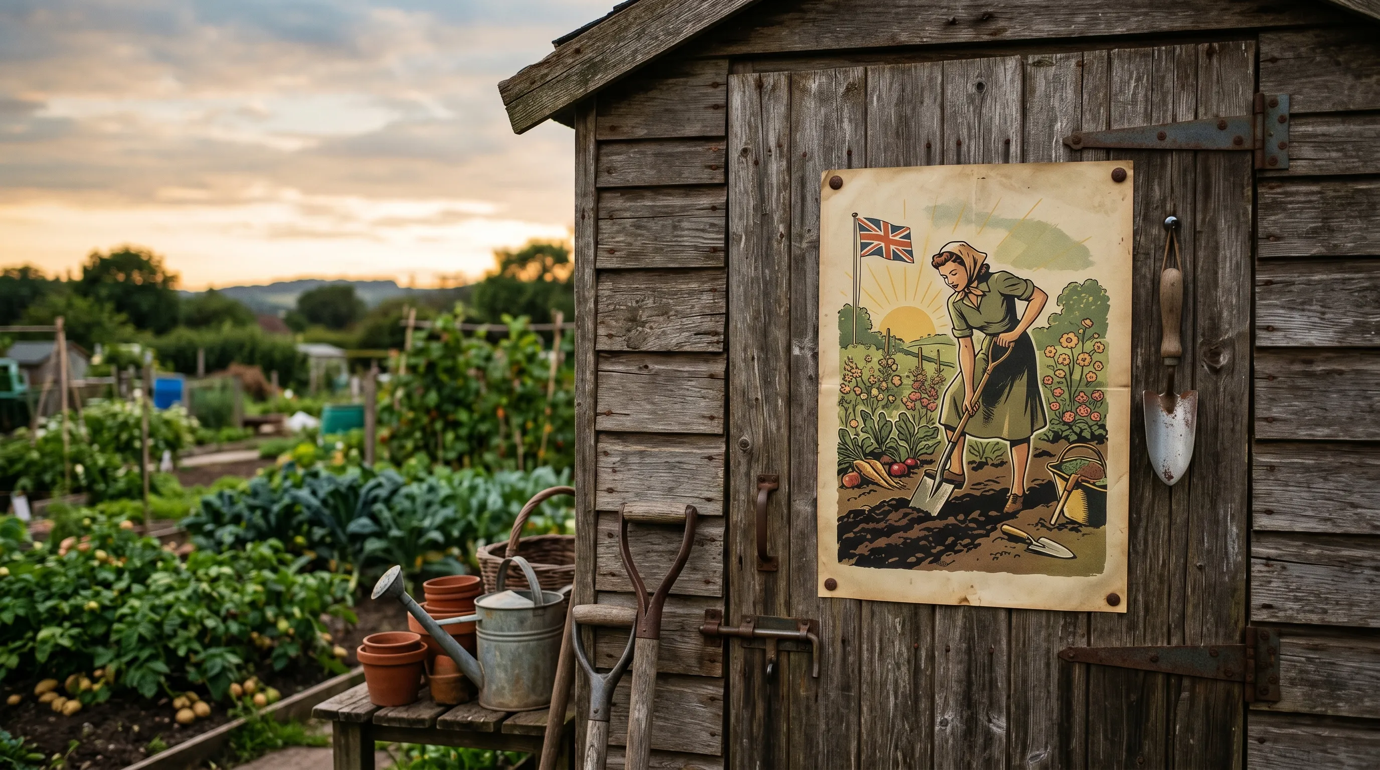 Vintage 1940s UK Dig for Victory propaganda poster reproduction at modern allotment site with garden tools