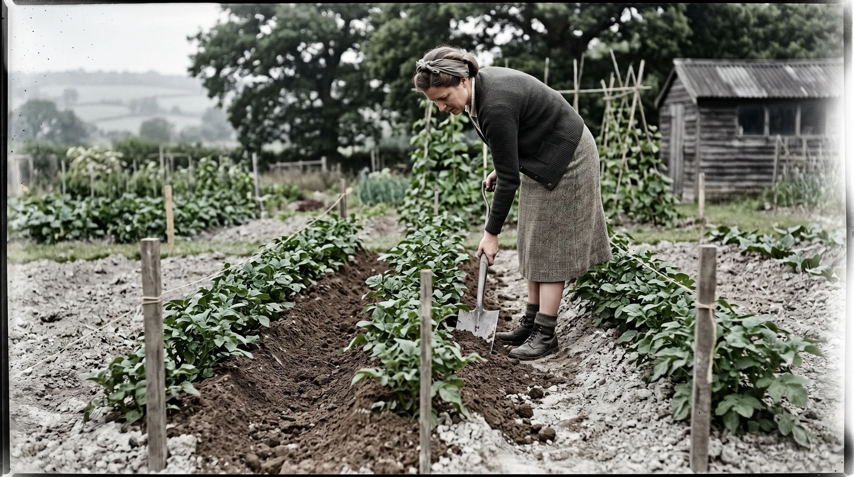 UK wartime style potato bed close-spaced 30cm planting between Sharpes Express seed potatoes earthing up in mid-summer