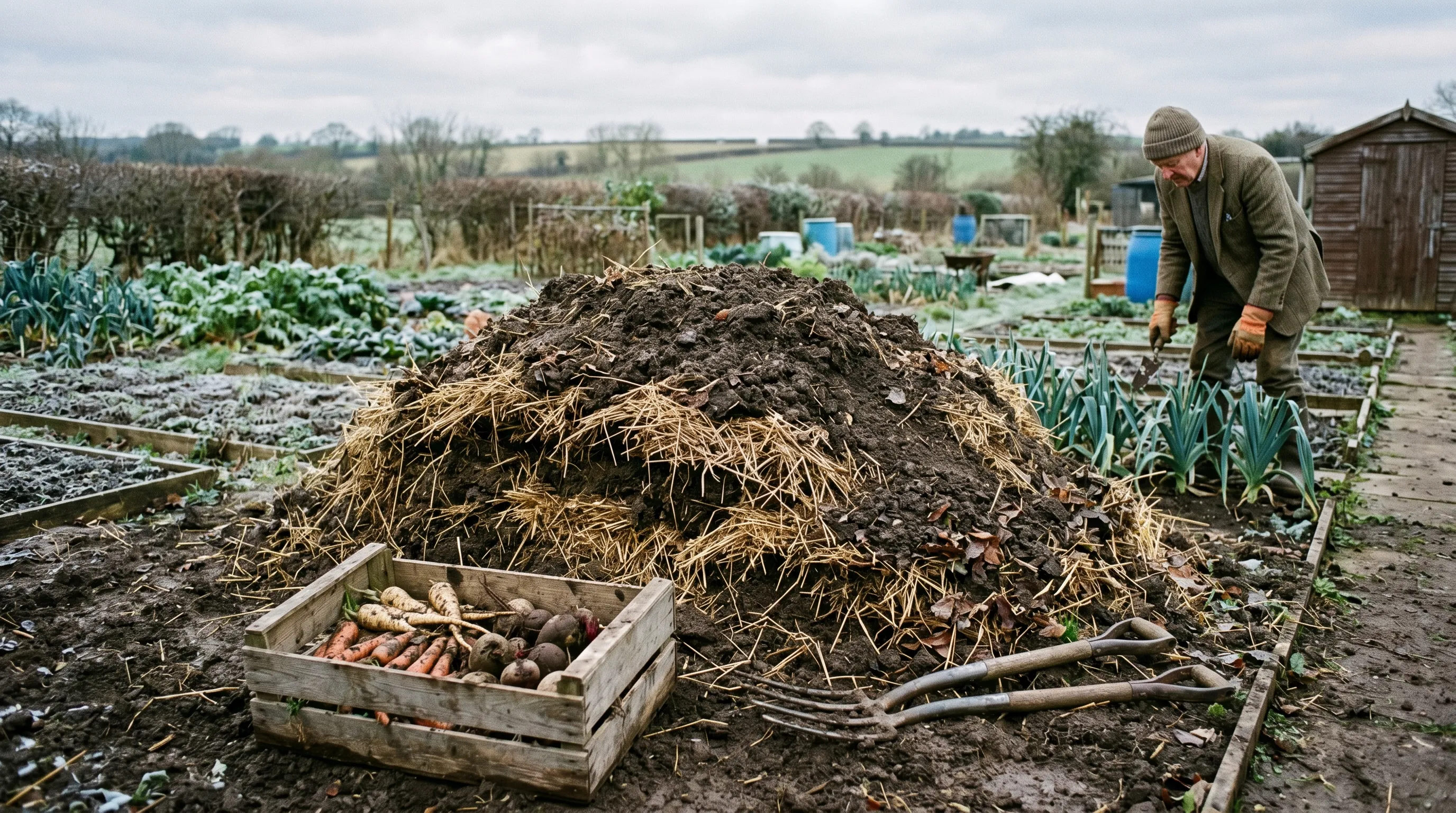 UK root vegetable clamp covered with straw and soil for winter storage carrots parsnips beetroot Dig for Victory style