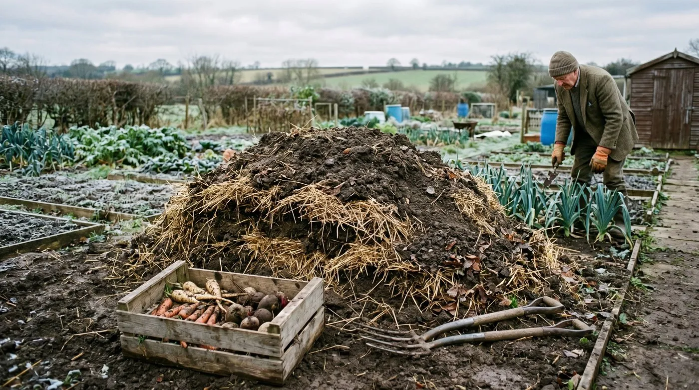 UK root vegetable clamp covered with straw and soil for winter storage carrots parsnips beetroot Dig for Victory style