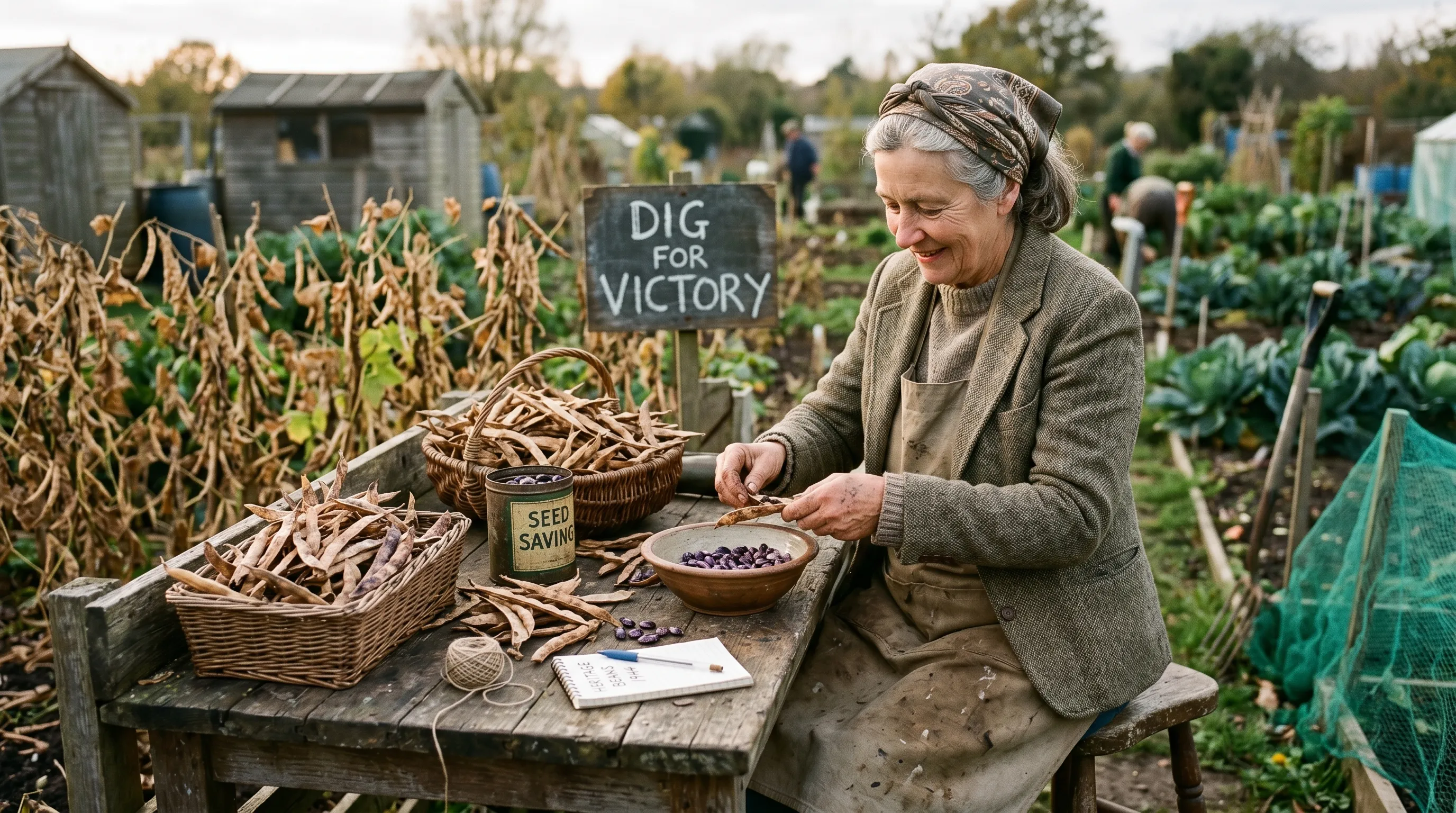 UK gardener saving heritage runner bean seed from dried pods on bench wartime style preservation Dig for Victory tradition
