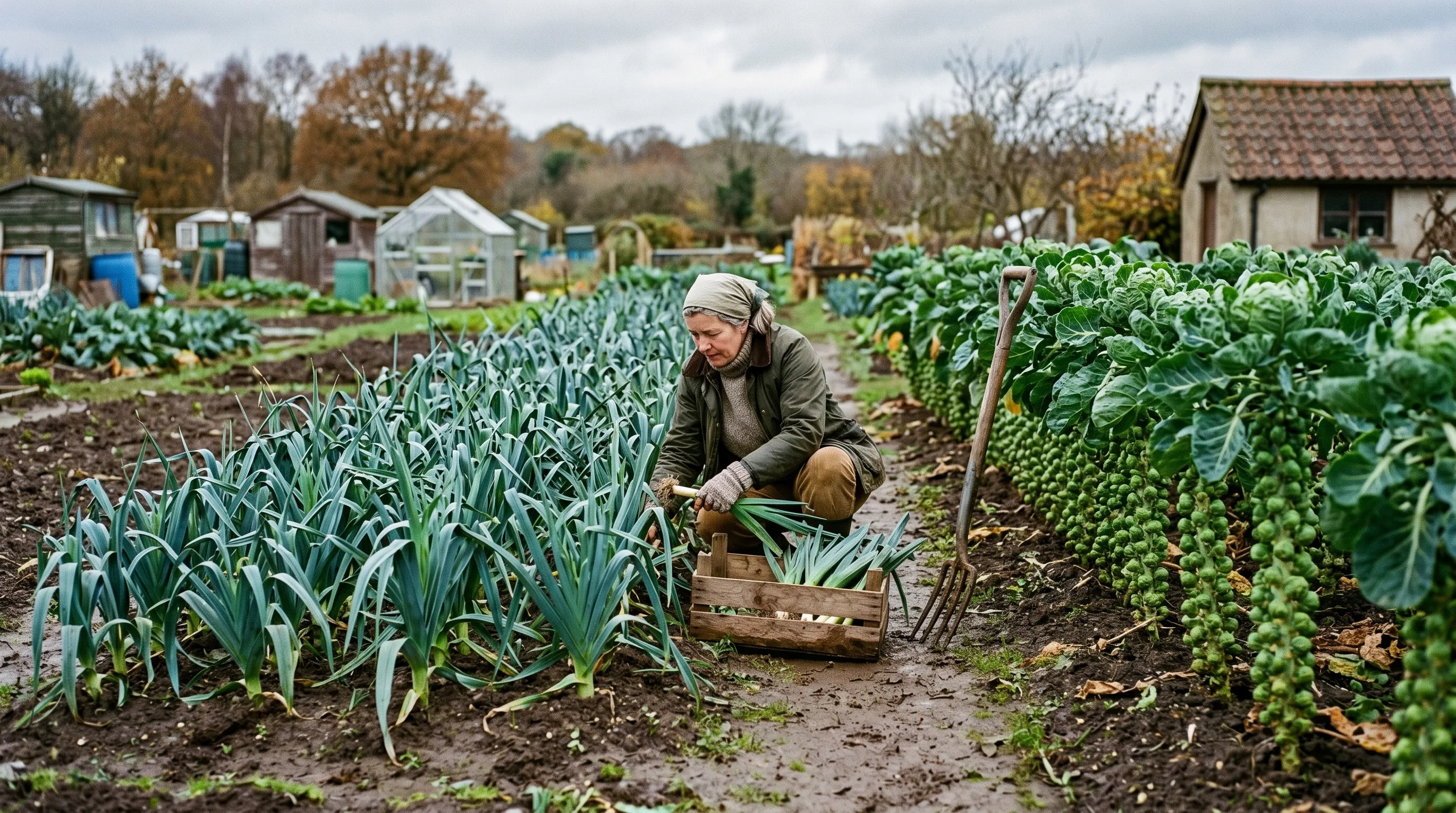 Wartime UK Dig for Victory poster style allotment showing rows of leeks and Brussels sprouts in late autumn ready for winter harvest