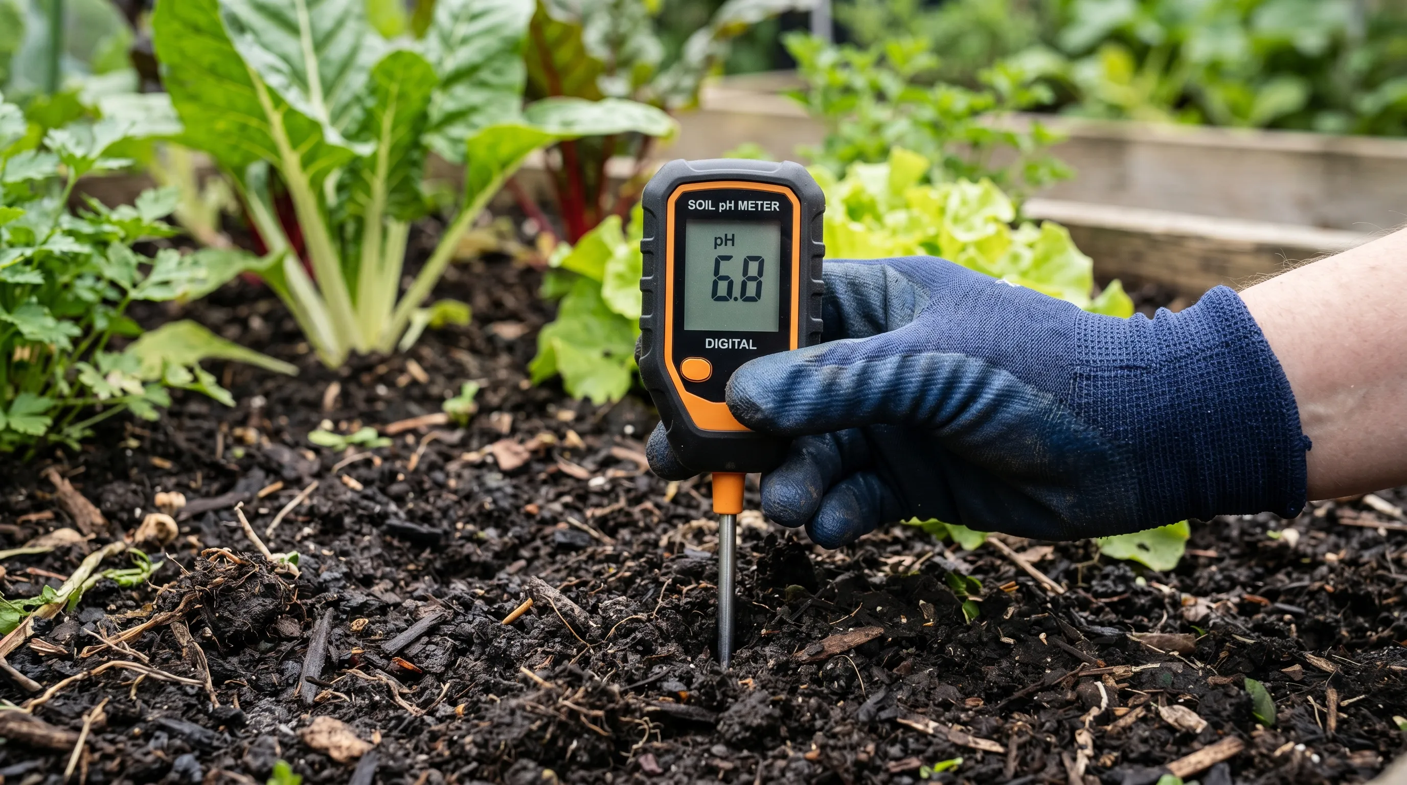 Digital soil pH meter inserted into the dark soil of a vegetable bed in a UK garden showing the LCD display reading pH 6.8