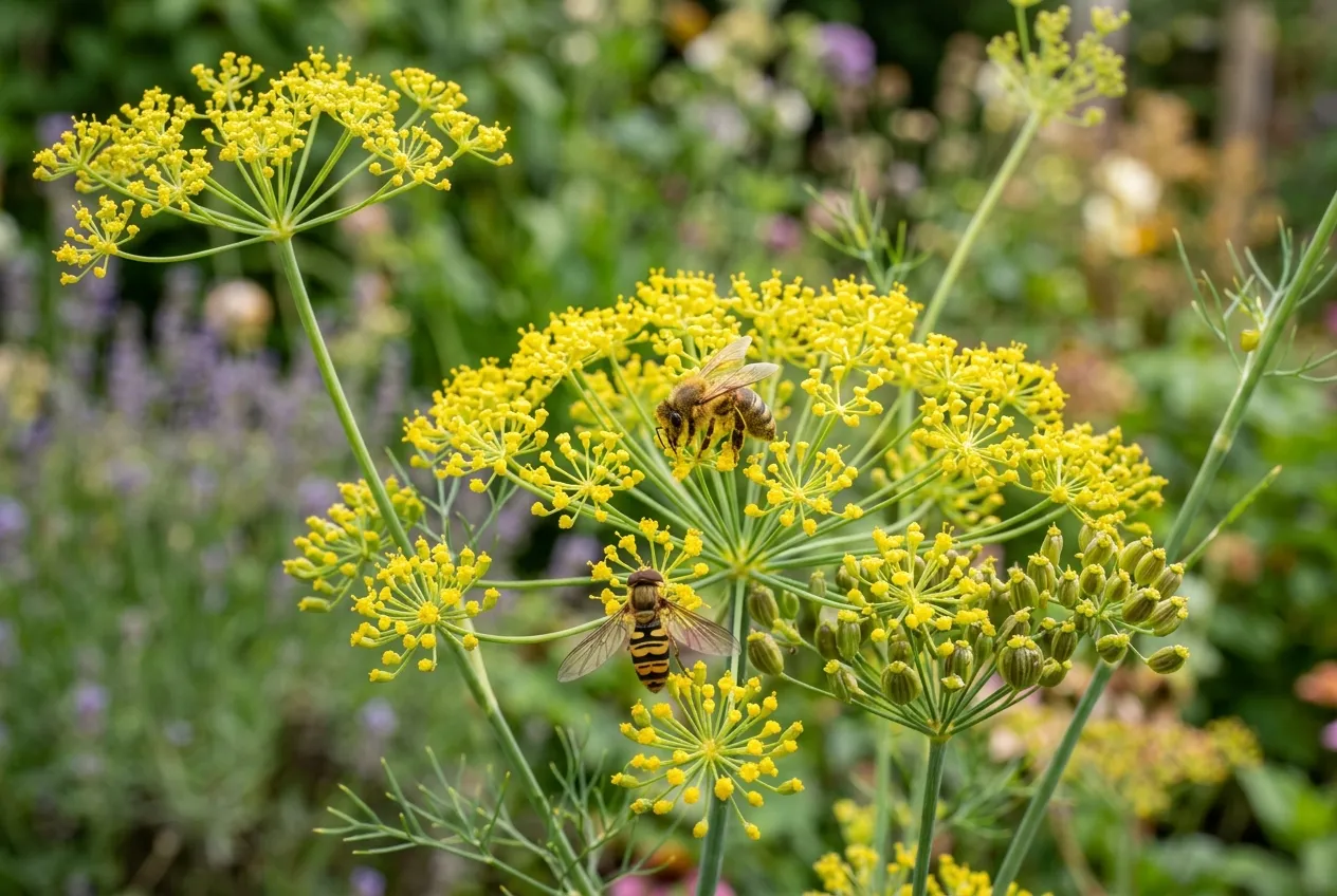 Dill plant in full flower with yellow umbels and developing seed heads with bees visiting