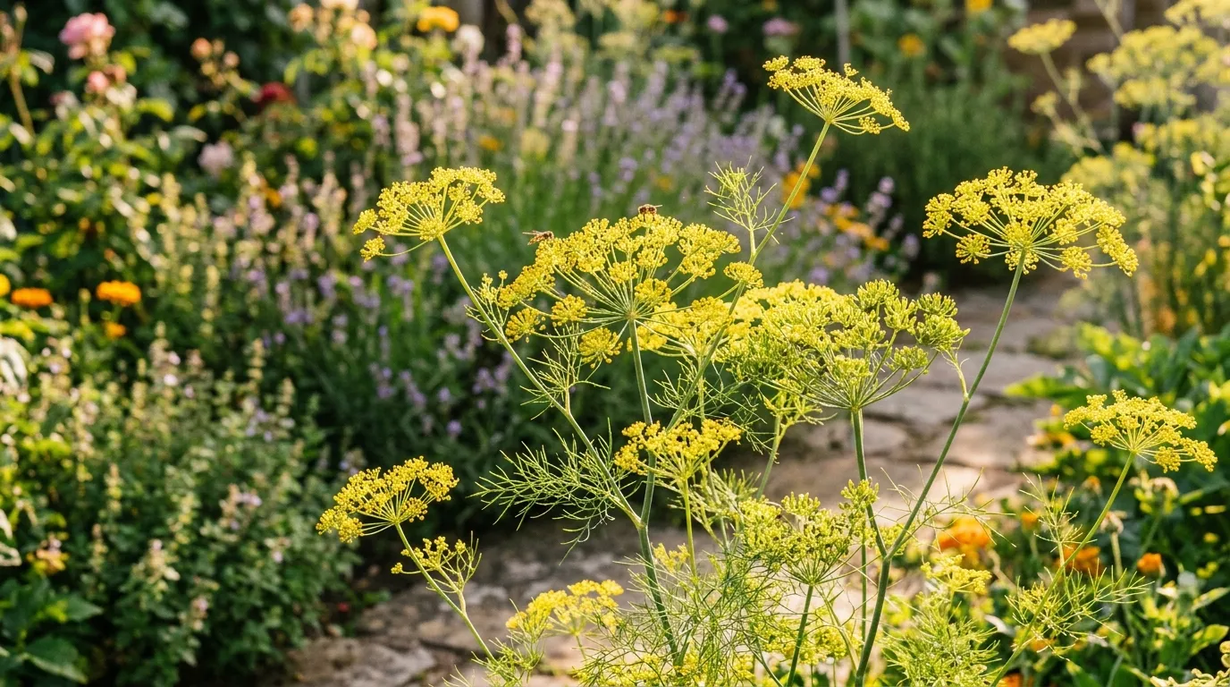 Dill plants growing with yellow flower umbels in a sunny UK cottage herb garden