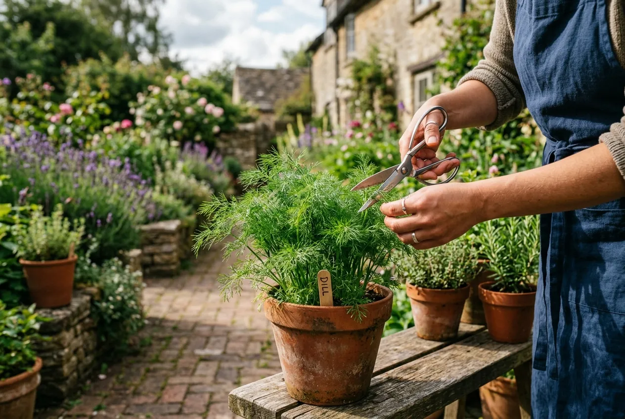 Fresh dill fronds being cut with scissors from a potted herb plant in a UK kitchen garden