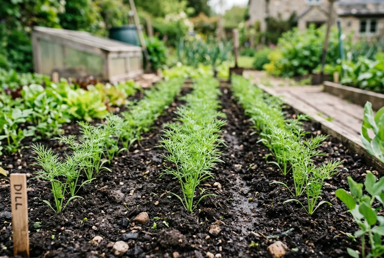 Young dill seedlings in neat rows in a UK vegetable patch with fine feathery leaves emerging