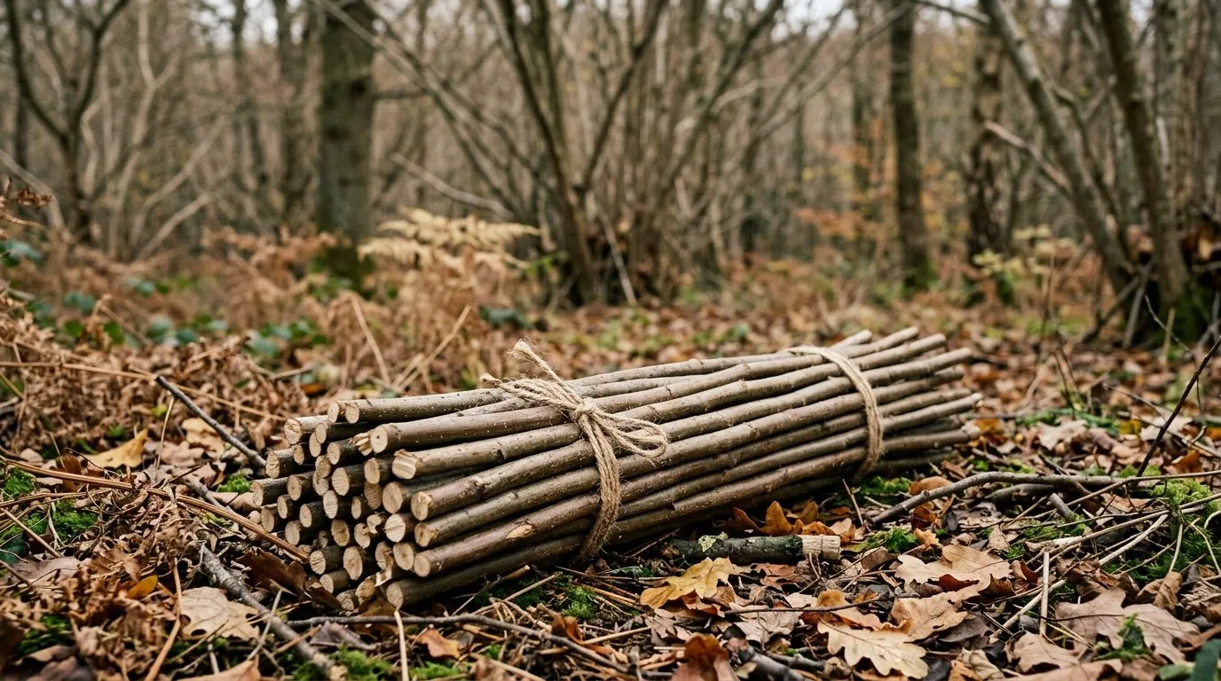 A bundle of freshly cut hazel rods in a UK coppice woodland in late November ready to take home for plant supports