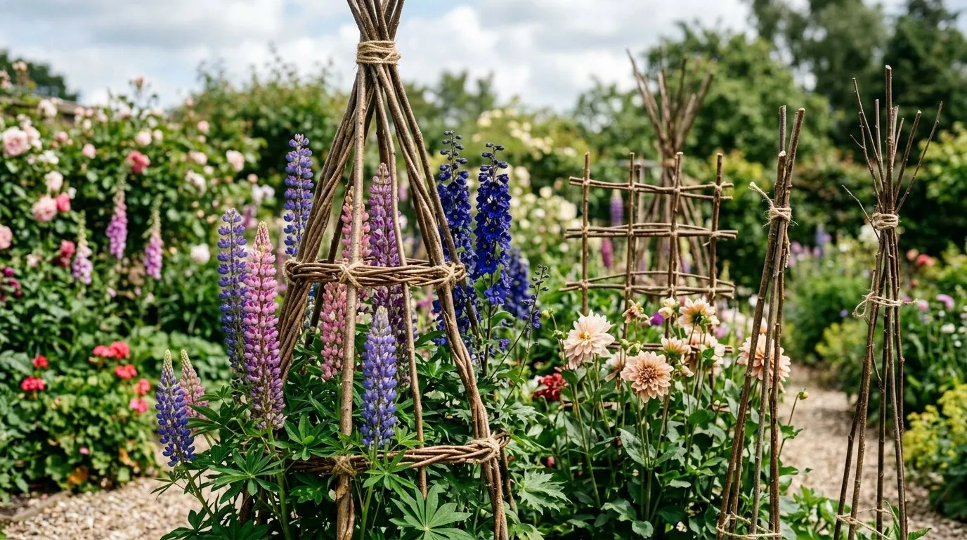 Woven hazel pea stick plant supports holding up tall perennials in a UK cottage garden border in early summer