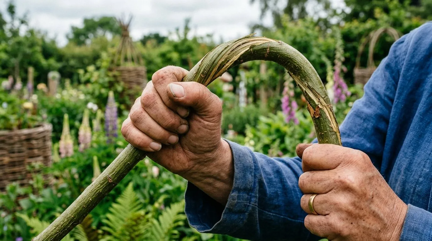 Close-up macro of hazel rod weaving technique showing the twist and bend method used in traditional UK plant support craft