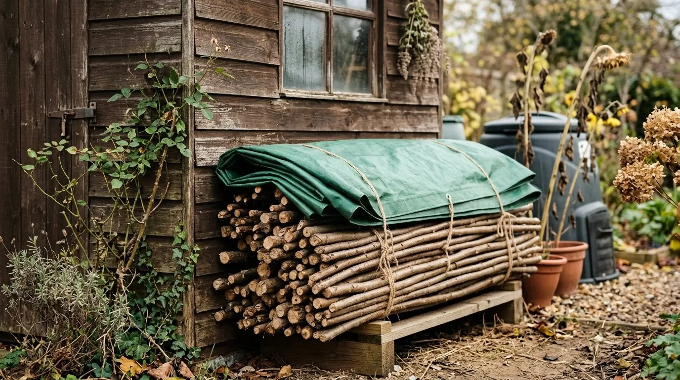 Stack of dismantled hazel wigwam rods stored against a UK garden shed wall under tarpaulin for winter ready to reuse next spring
