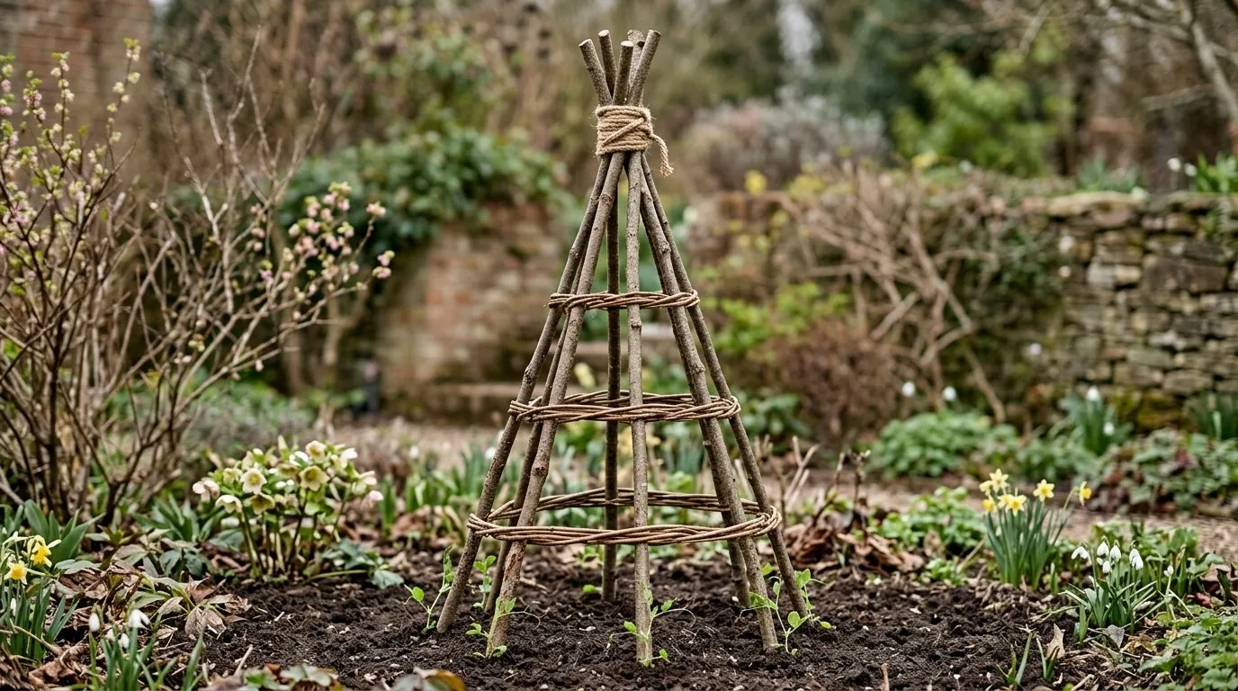 A 6-rod hazel sweet pea wigwam fully built and tied with jute twine at the top with three horizontal weavers wrapped around it at different heights in a UK garden border in March