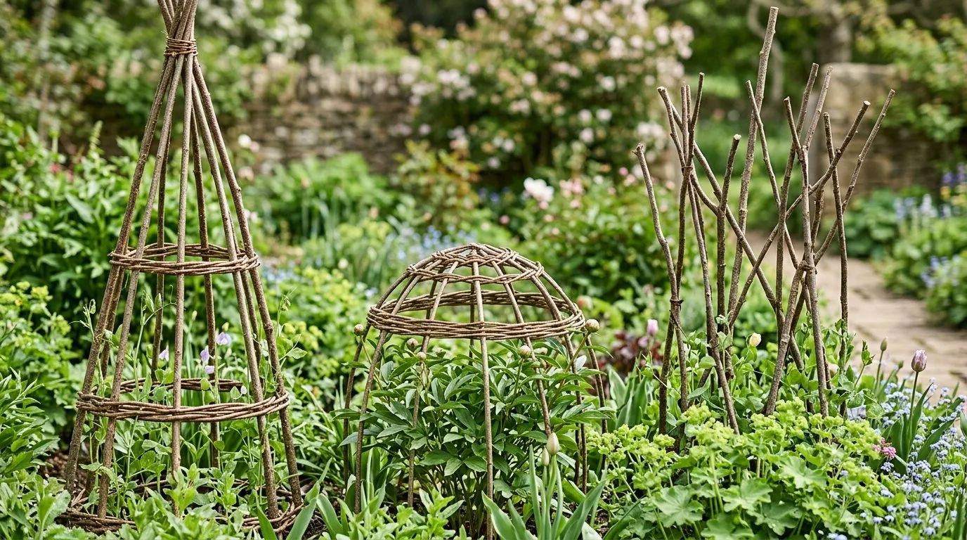 Three styles of hazel plant support shown side by side in a UK garden border, sweet pea wigwam, peony dome frame, and pea sticks among emerging perennials in May