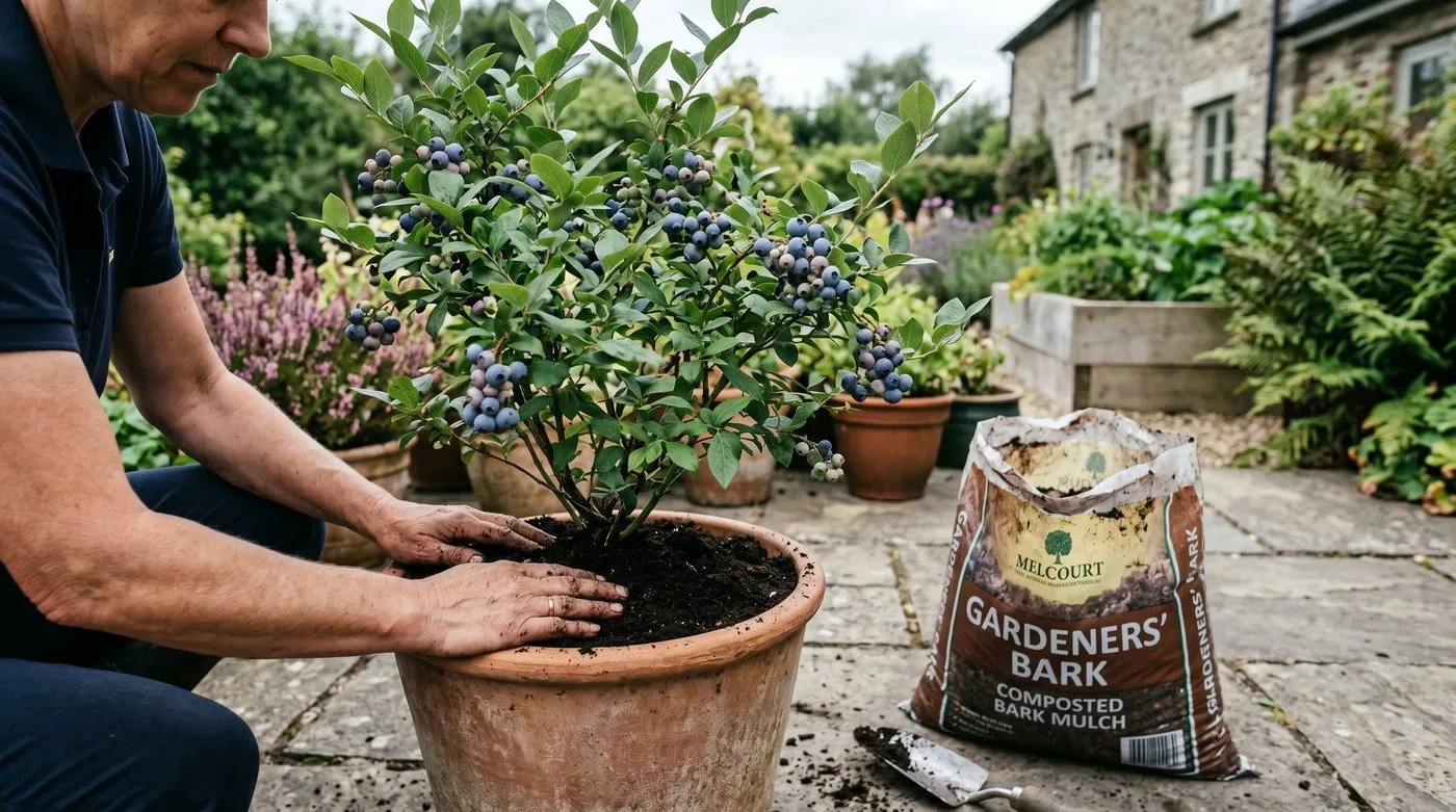 Ericaceous home-mixed compost being firmed around a potted blueberry bush on a UK patio