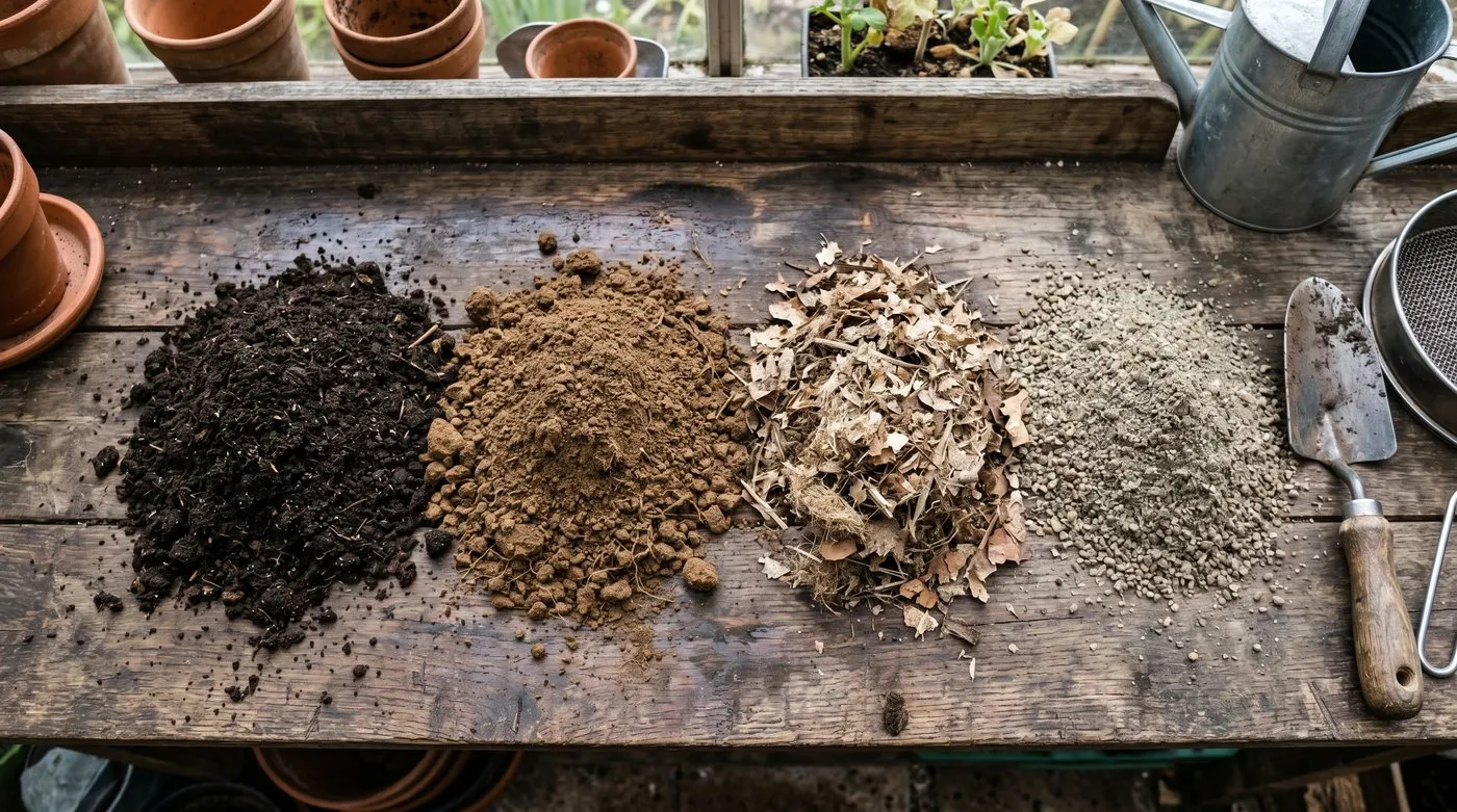 Separate piles of sieved garden compost, loam, leafmould and sharp sand laid out on a potting bench for blending